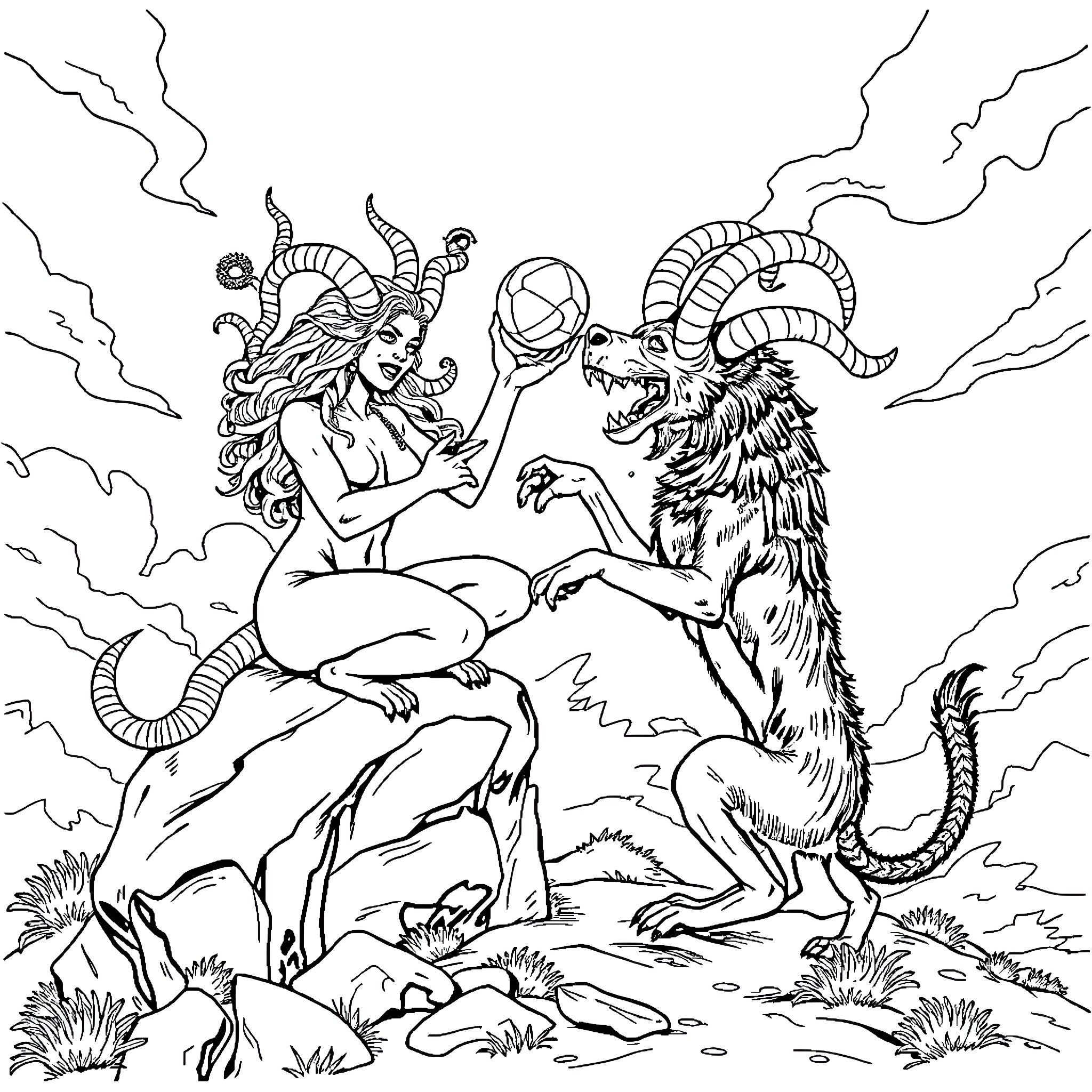 Medusa battling a fearsome demon Coloring Page (free black-and-white line drawing printable PDF for all, from beginners to advanced learners, including children, teens, adults, and seniors)