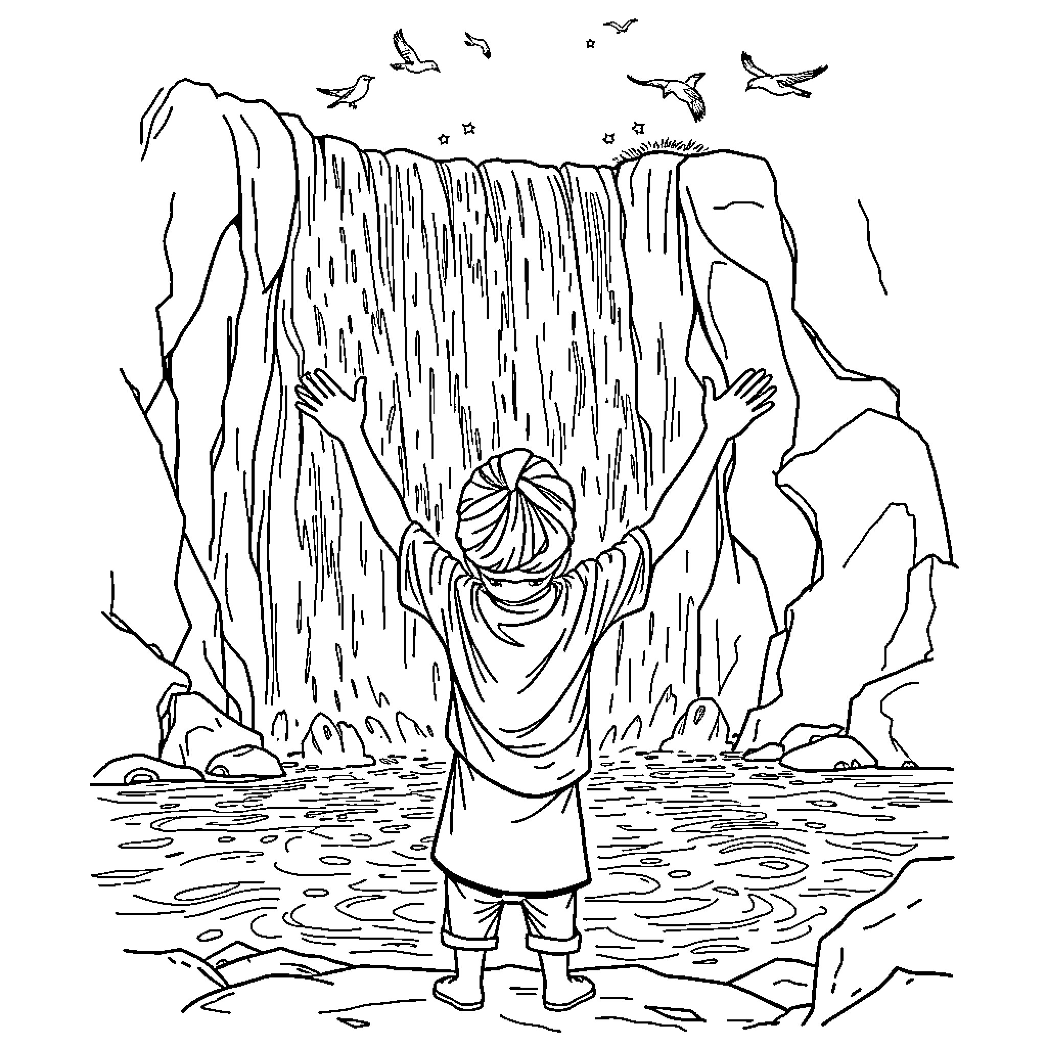 Boy marveling at the majestic waterfall Coloring Page (free black-and-white line drawing printable PDF for all, from beginners to advanced learners, including children, teens, adults, and seniors)