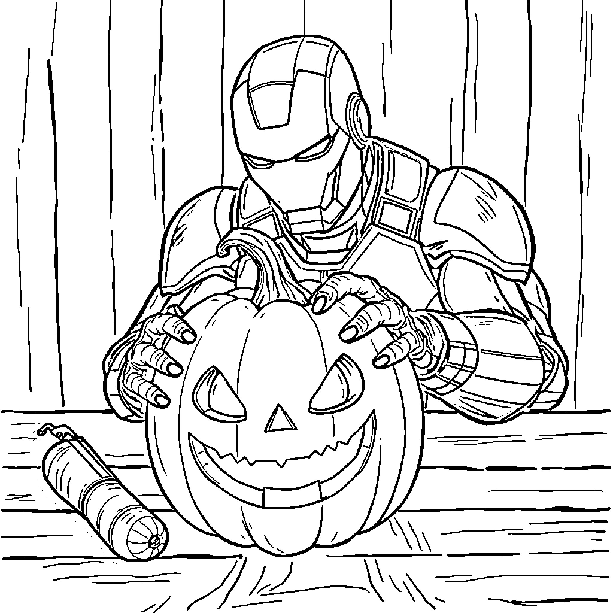 Iron Man Carving a Halloween Pumpkin Coloring Page (free black-and-white line drawing printable PDF for all, from beginners to advanced learners, including children, teens, adults, and seniors)