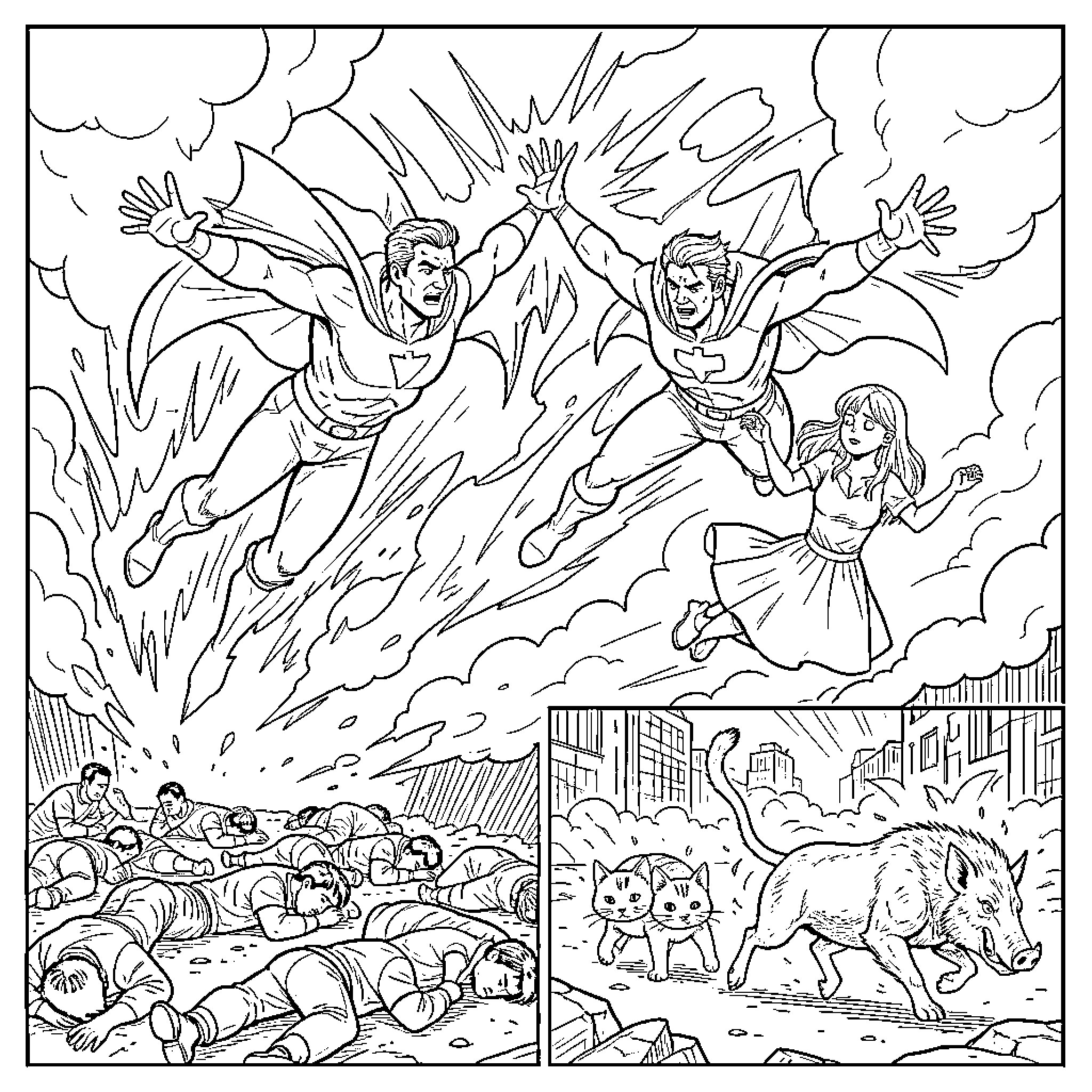 Homme et Femme super-héros volant au-dessus de la foule Coloring Page (free black-and-white line drawing printable PDF for all, from beginners to advanced learners, including children, teens, adults, and seniors)