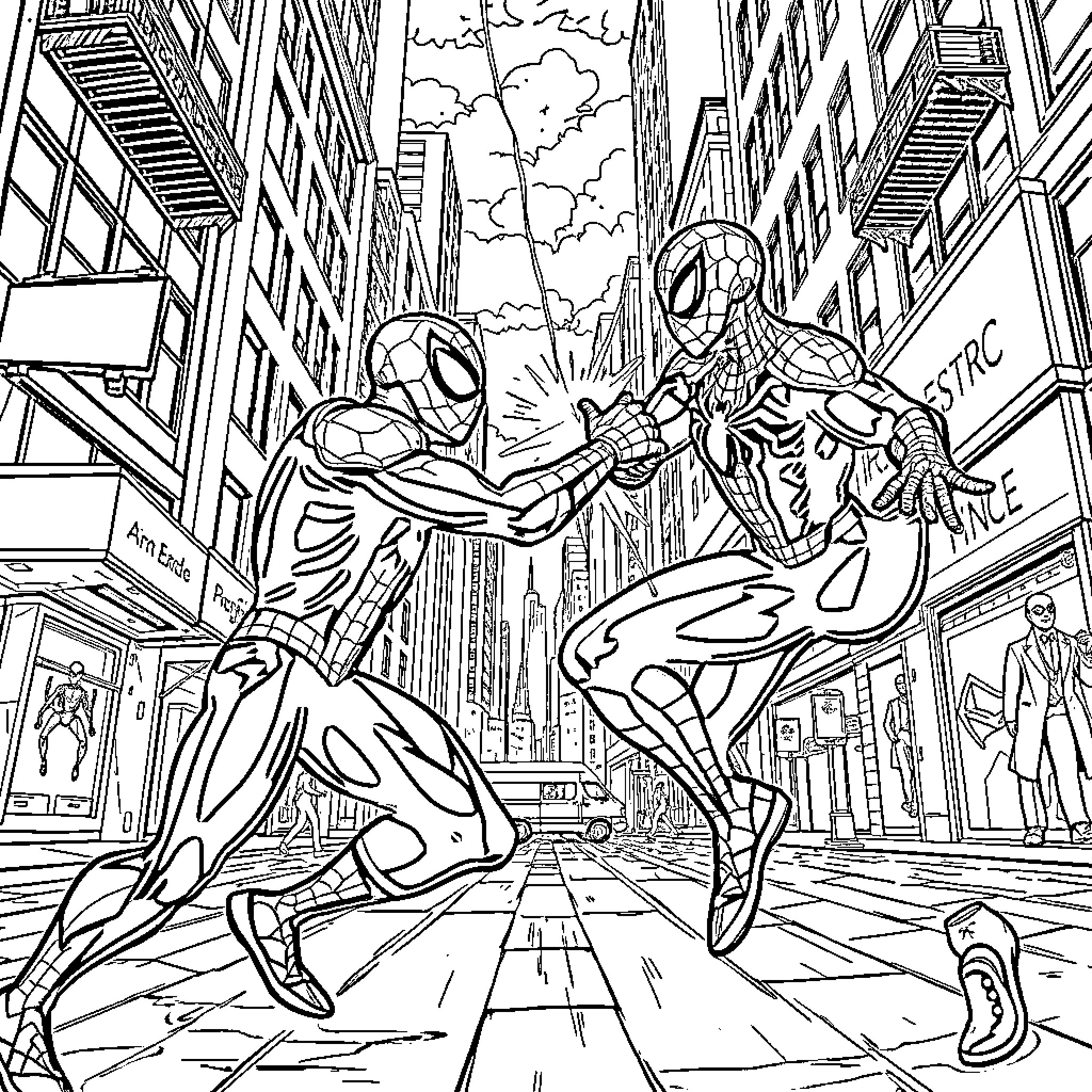 Spider-Man's Heroic Battle in the City Streets Coloring Page (free black-and-white line drawing printable PDF for all, from beginners to advanced learners, including children, teens, adults, and seniors)