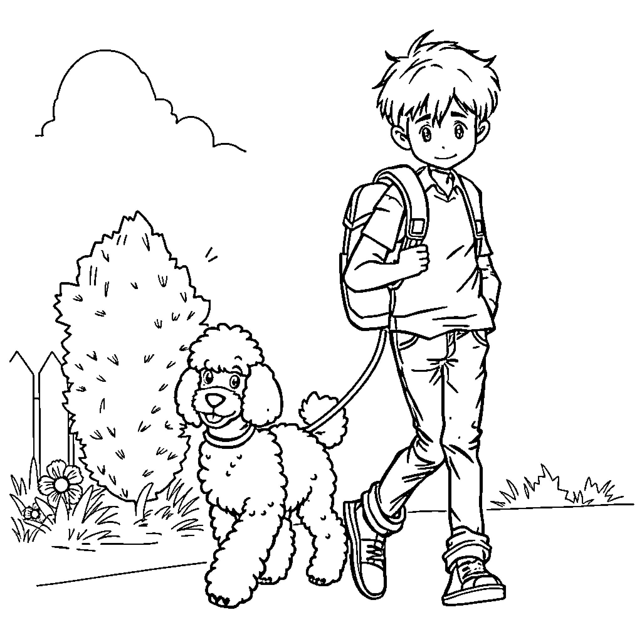 Boy walking his dog in the park Coloring Page (free black-and-white line drawing printable PDF for all, from beginners to advanced learners, including children, teens, adults, and seniors)