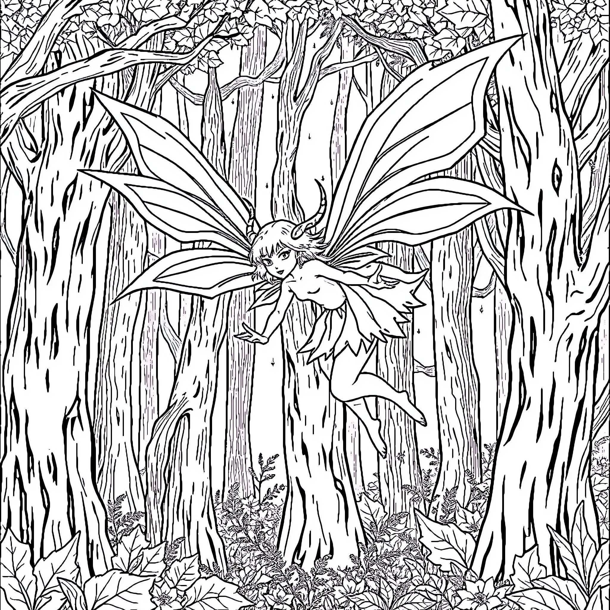 Fairy in the enchanted forest Coloring Page (free black-and-white line drawing printable PDF for all, from beginners to advanced learners, including children, teens, adults, and seniors)