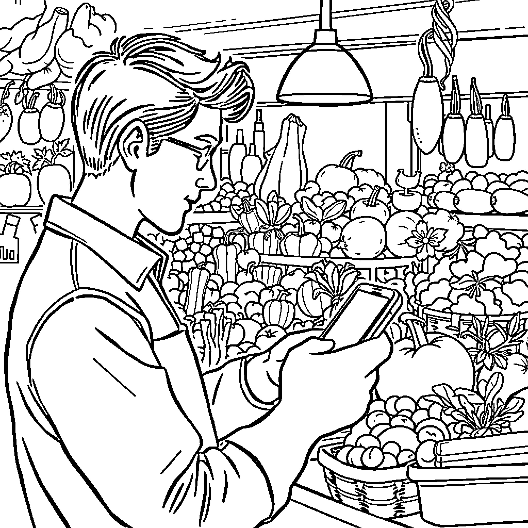 Vegetable market shopping scene Coloring Page (free black-and-white line drawing printable PDF for all, from beginners to advanced learners, including children, teens, adults, and seniors)