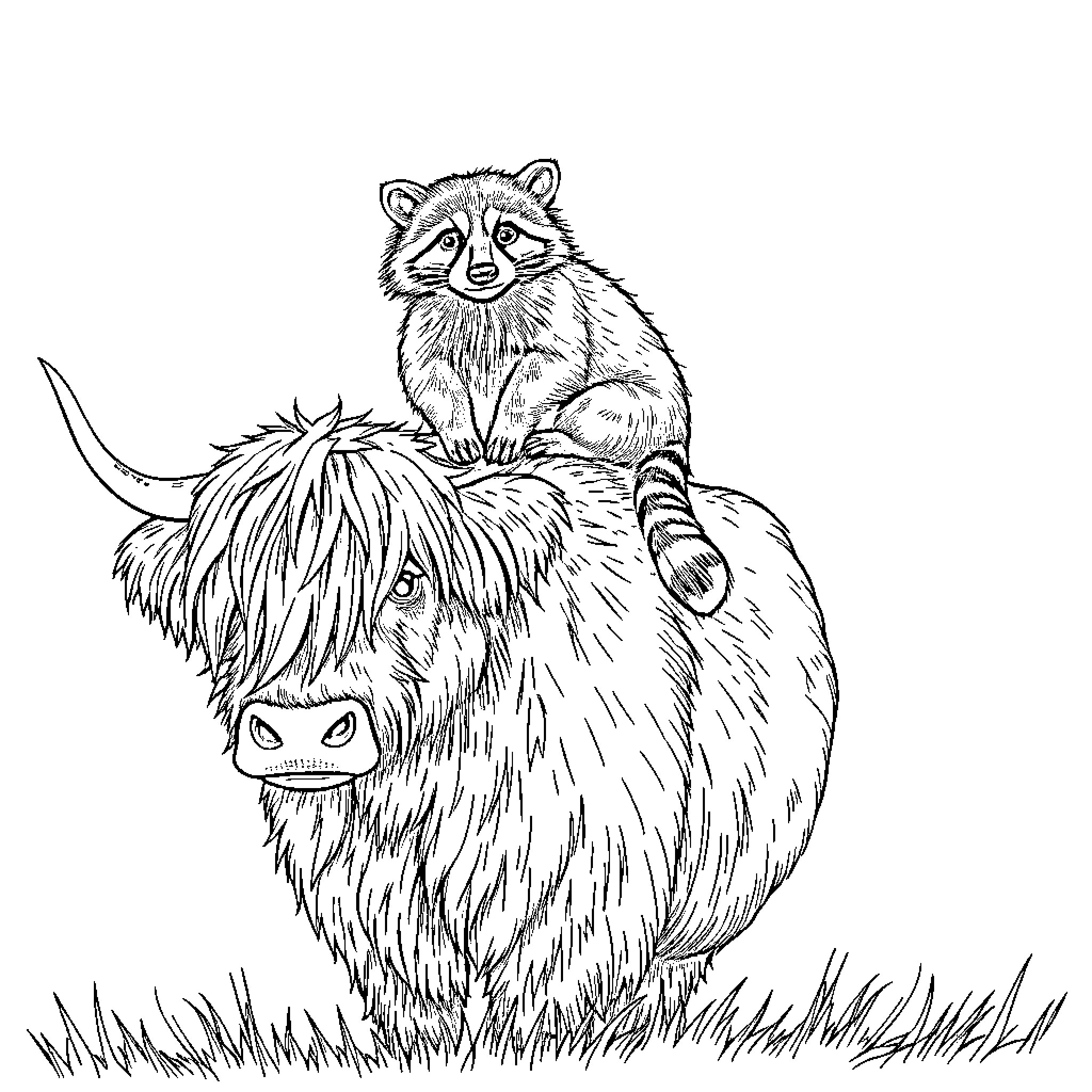 Raccoon perched on a hairy beast in the field Coloring Page (free black-and-white line drawing printable PDF for all, from beginners to advanced learners, including children, teens, adults, and seniors)