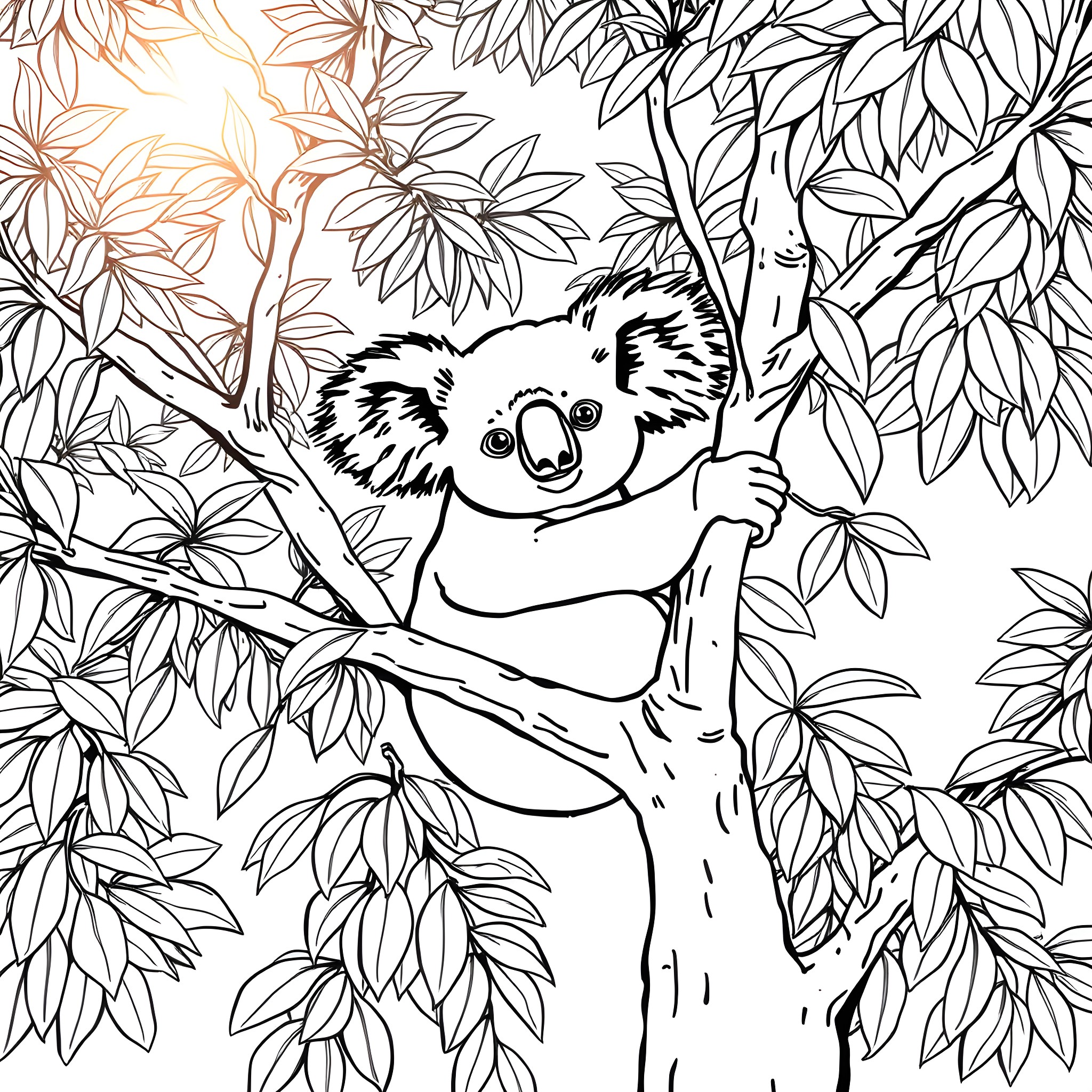 Koala climbing on a tree branch Coloring Page (free black-and-white line drawing printable PDF for all, from beginners to advanced learners, including children, teens, adults, and seniors)