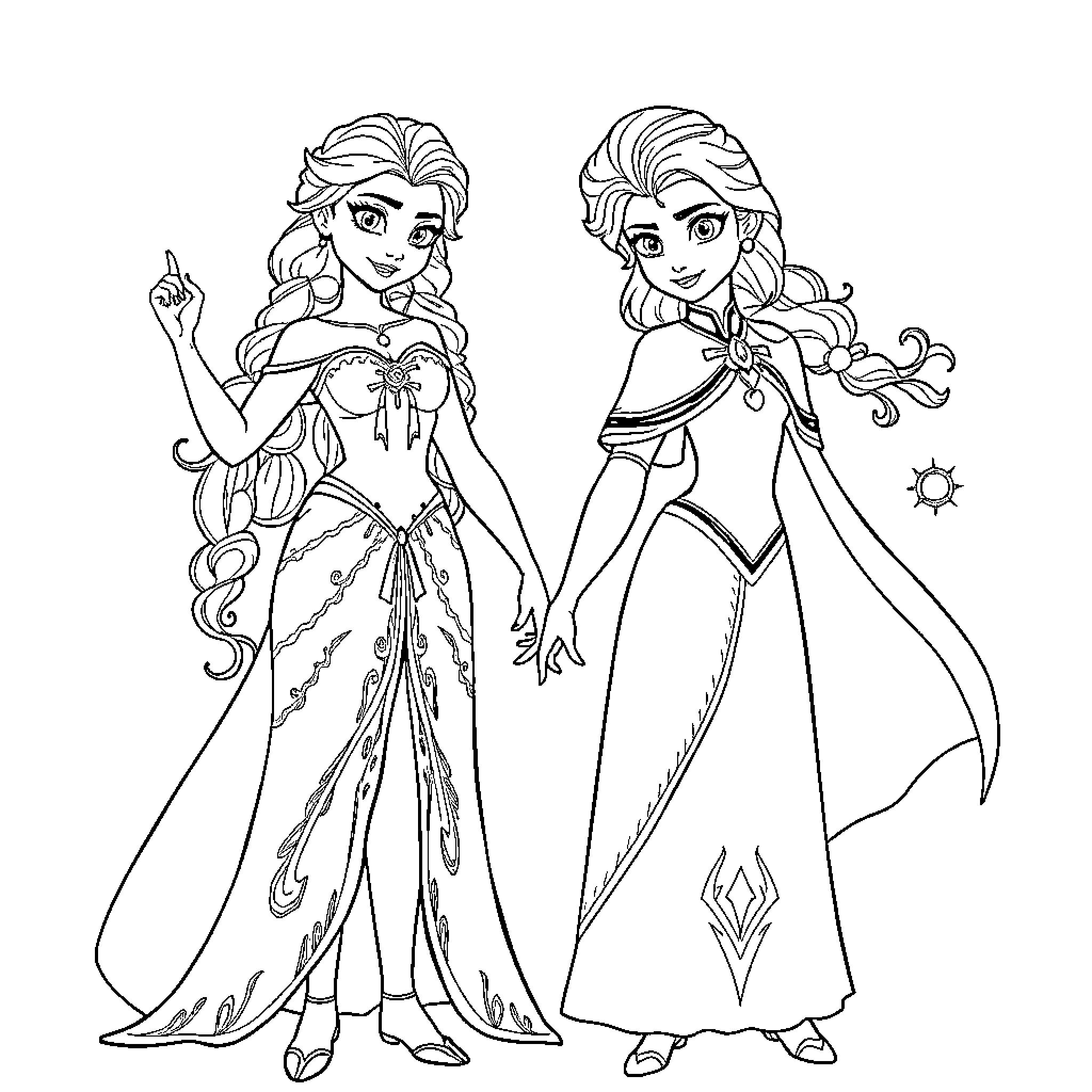 Vaiana and Elsa in regal attire Coloring Page (free black-and-white line drawing printable PDF for all, from beginners to advanced learners, including children, teens, adults, and seniors)