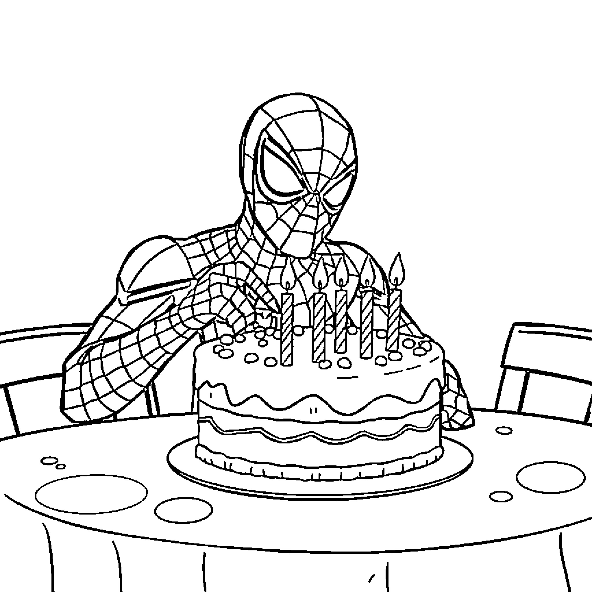 Spider-Man celebrating with birthday cake Coloring Page (free black-and-white line drawing printable PDF for all, from beginners to advanced learners, including children, teens, adults, and seniors)