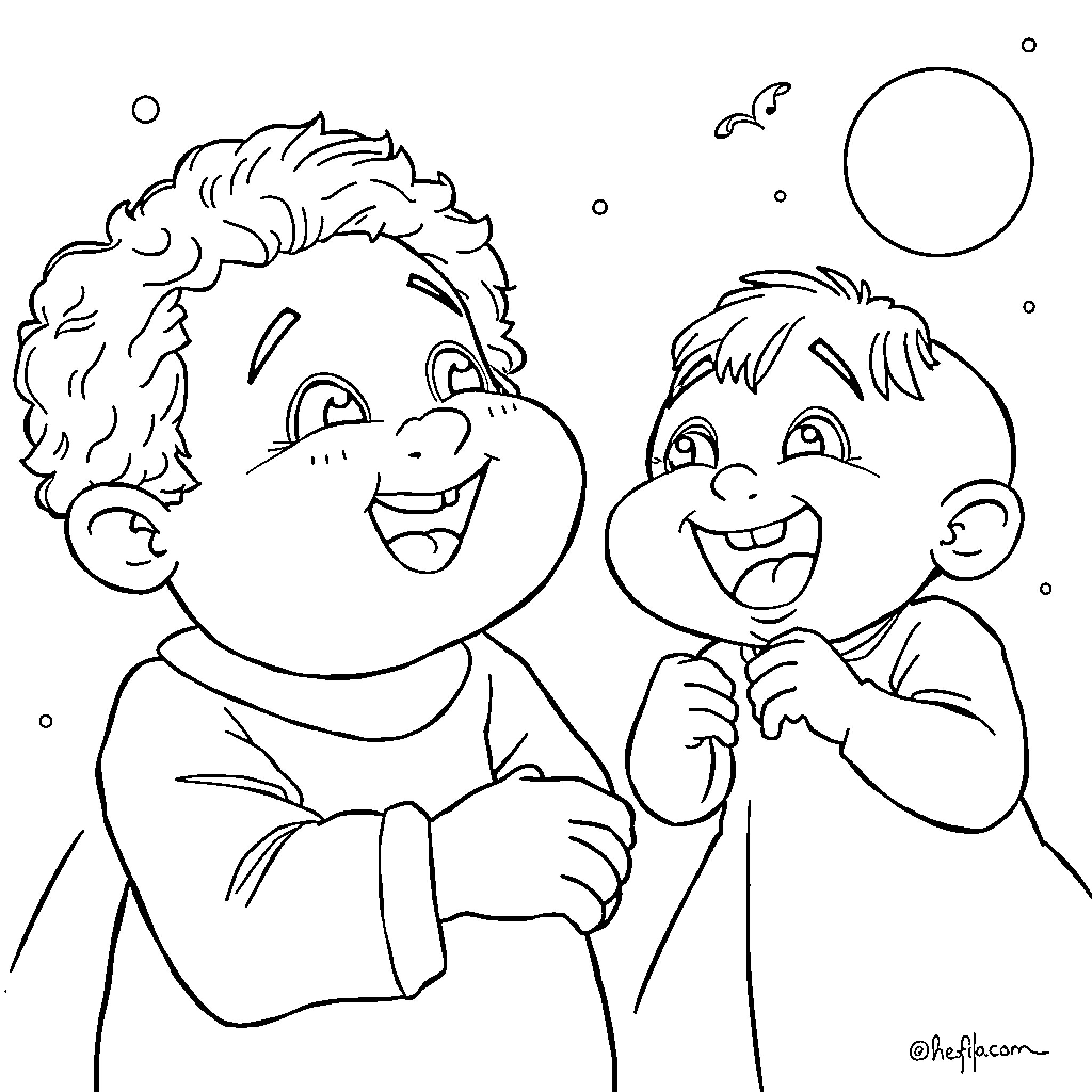 La Bubu - Two happy friends enjoying the outdoors Coloring Page (free black-and-white line drawing printable PDF for all, from beginners to advanced learners, including children, teens, adults, and seniors)