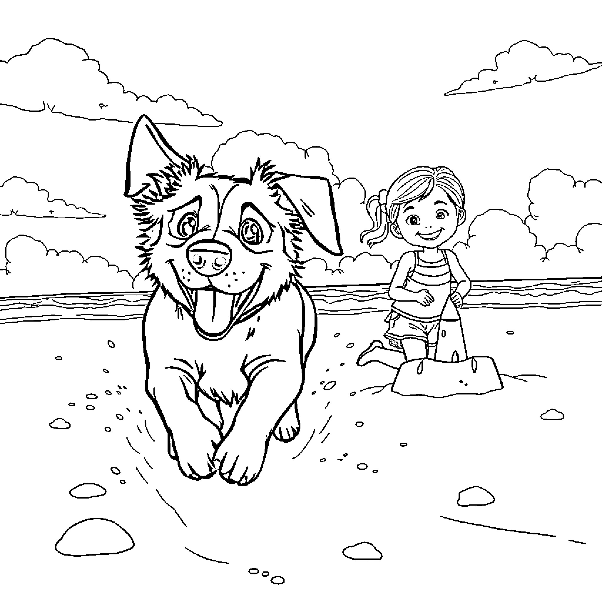 Dog playing happily with young girl on beach Coloring Page (free black-and-white line drawing printable PDF for all, from beginners to advanced learners, including children, teens, adults, and seniors)