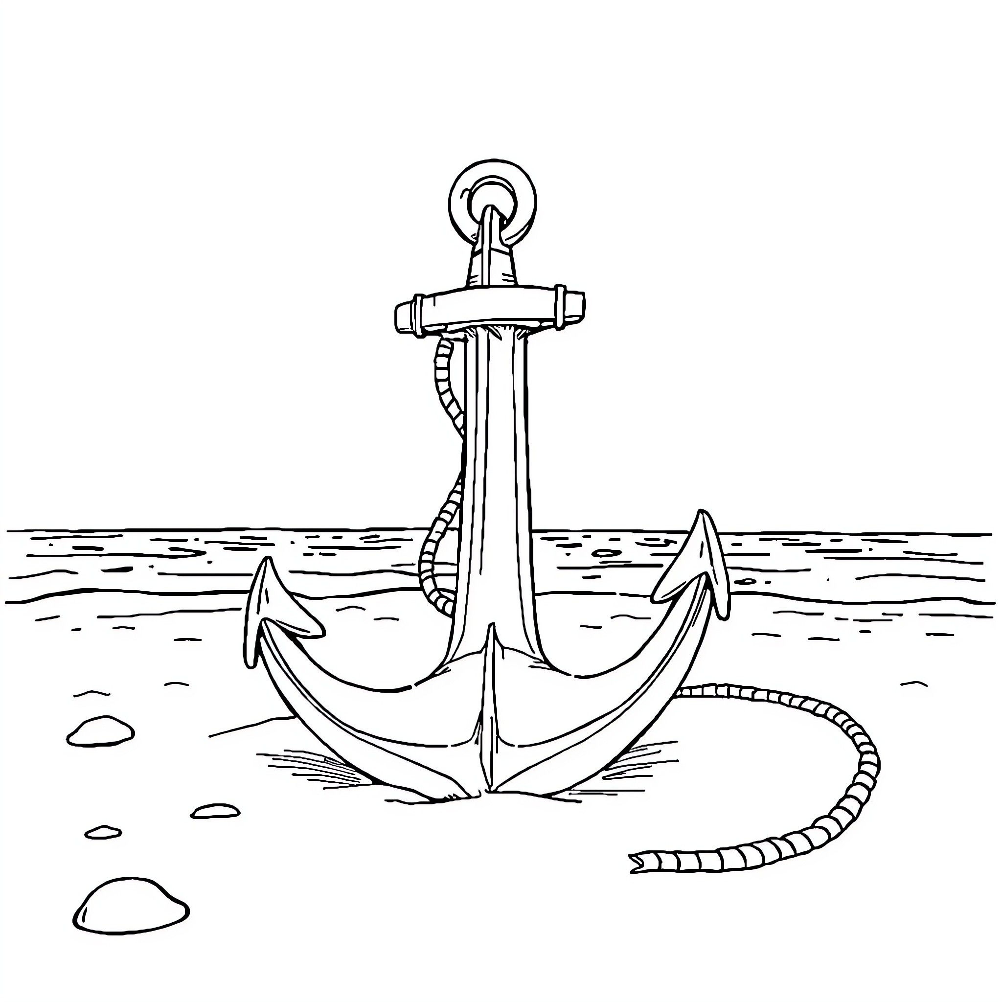Anchor embedded in coastal landscape Coloring Page (free black-and-white line drawing printable PDF for all, from beginners to advanced learners, including children, teens, adults, and seniors)