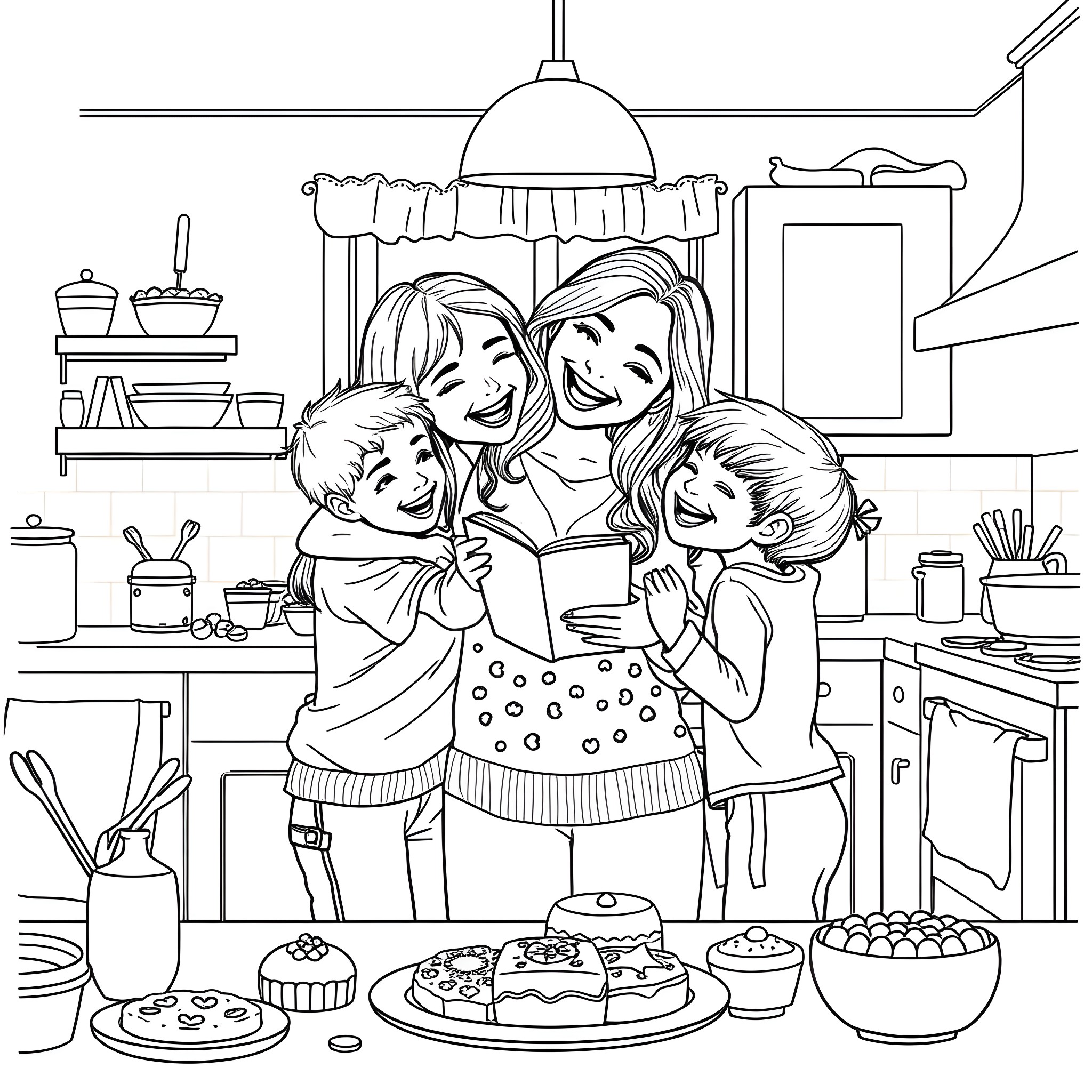 Mom and children enjoying baking in the kitchen Coloring Page (free black-and-white line drawing printable PDF for all, from beginners to advanced learners, including children, teens, adults, and seniors)
