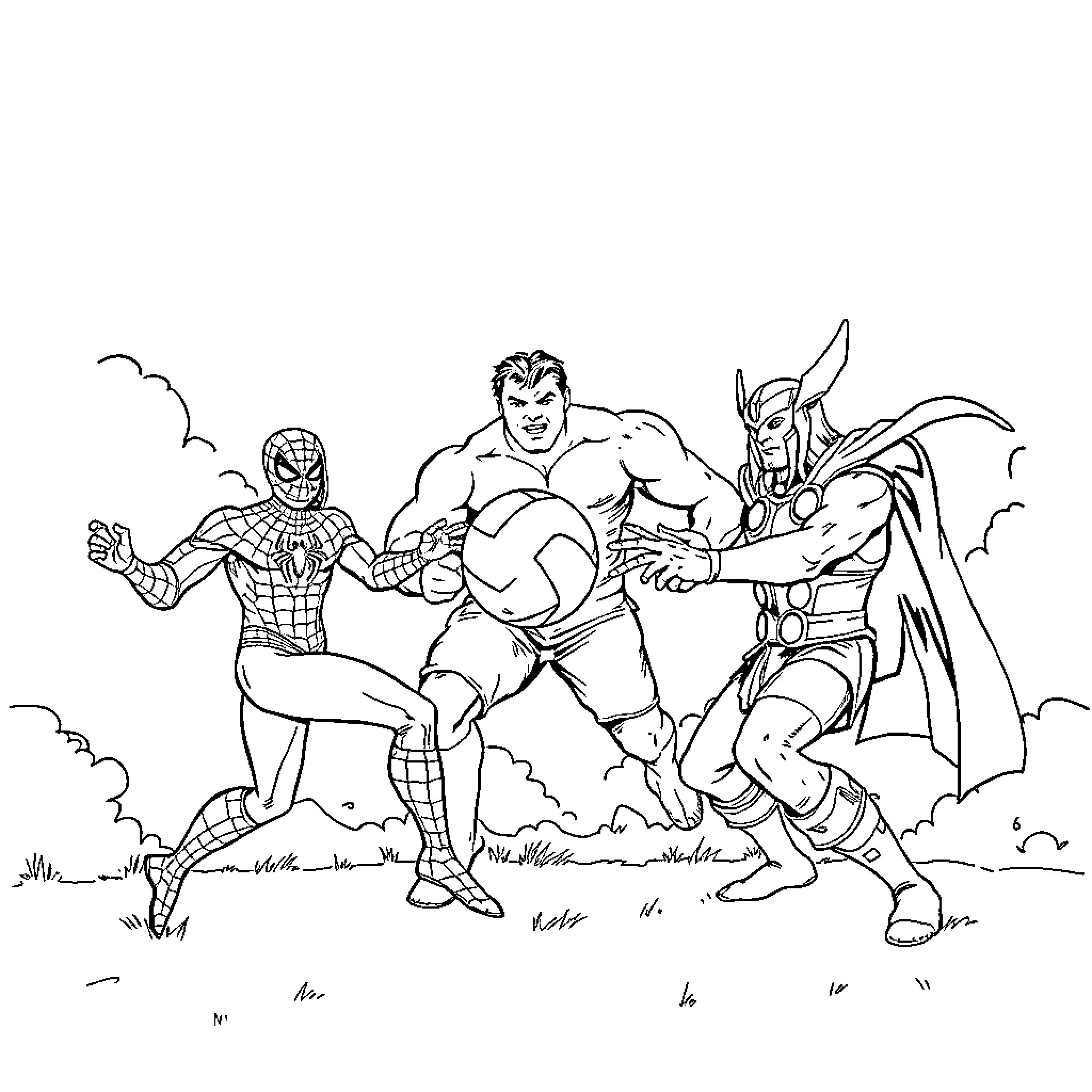 Superhero Team Up in Action-Packed Scene Coloring Page (free black-and-white line drawing printable PDF for all, from beginners to advanced learners, including children, teens, adults, and seniors)