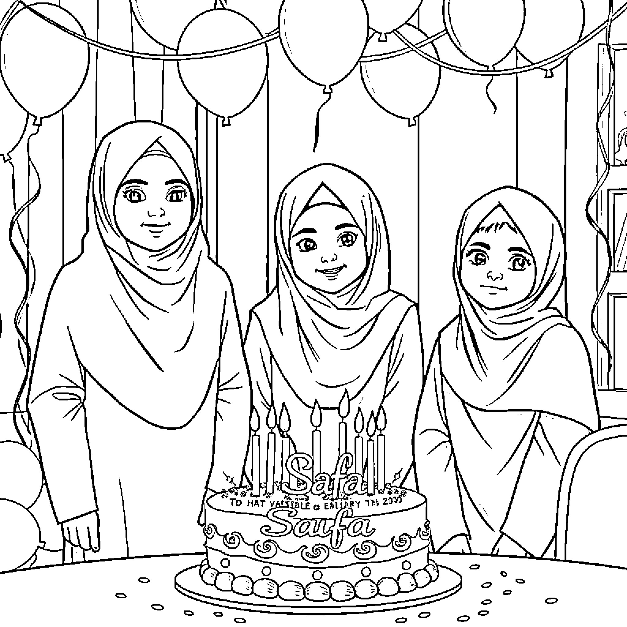 Girls celebrating with birthday cake and balloons Coloring Page (free black-and-white line drawing printable PDF for all, from beginners to advanced learners, including children, teens, adults, and seniors)