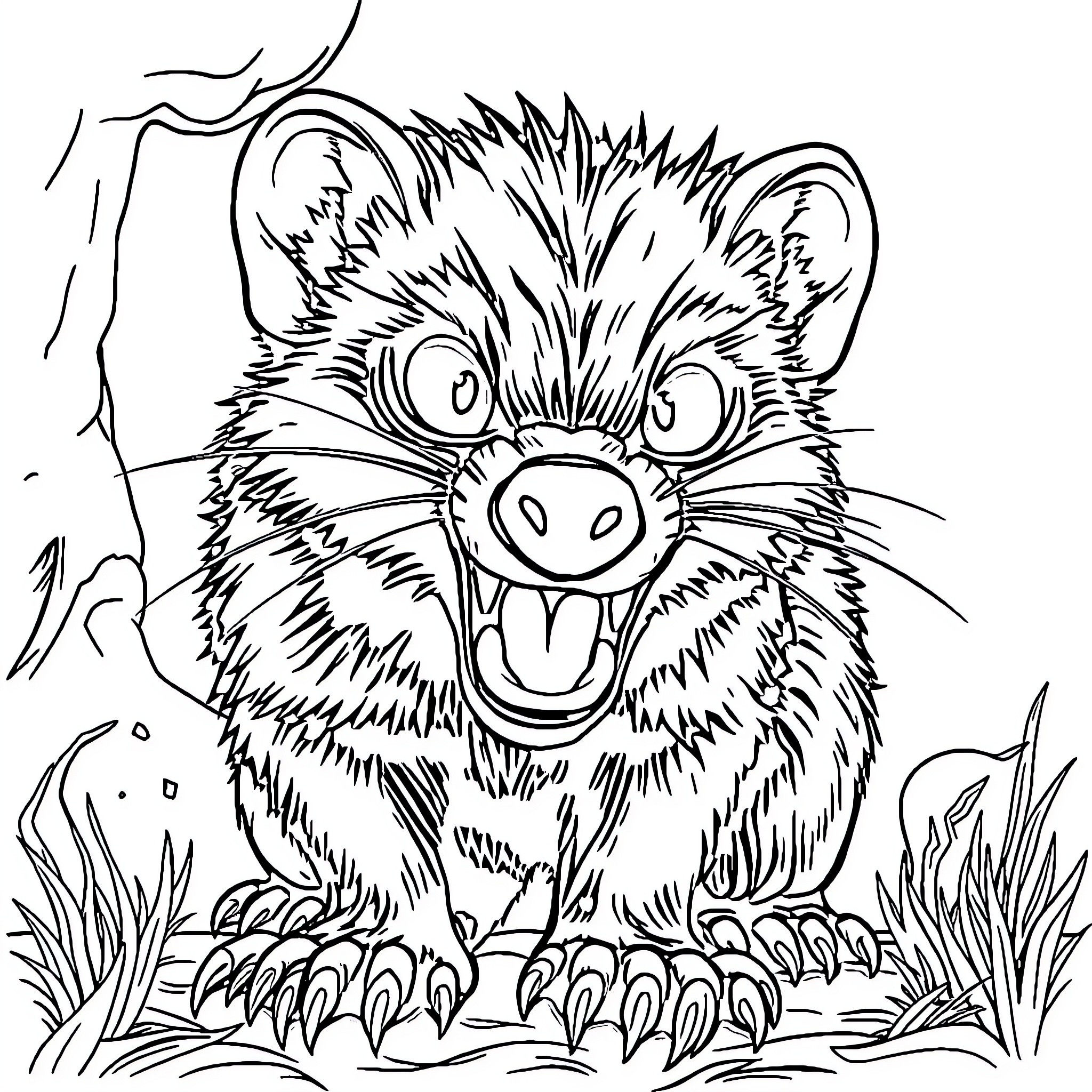 Taz Bares Teeth in Ferocious Growl Coloring Page (free black-and-white line drawing printable PDF for all, from beginners to advanced learners, including children, teens, adults, and seniors)