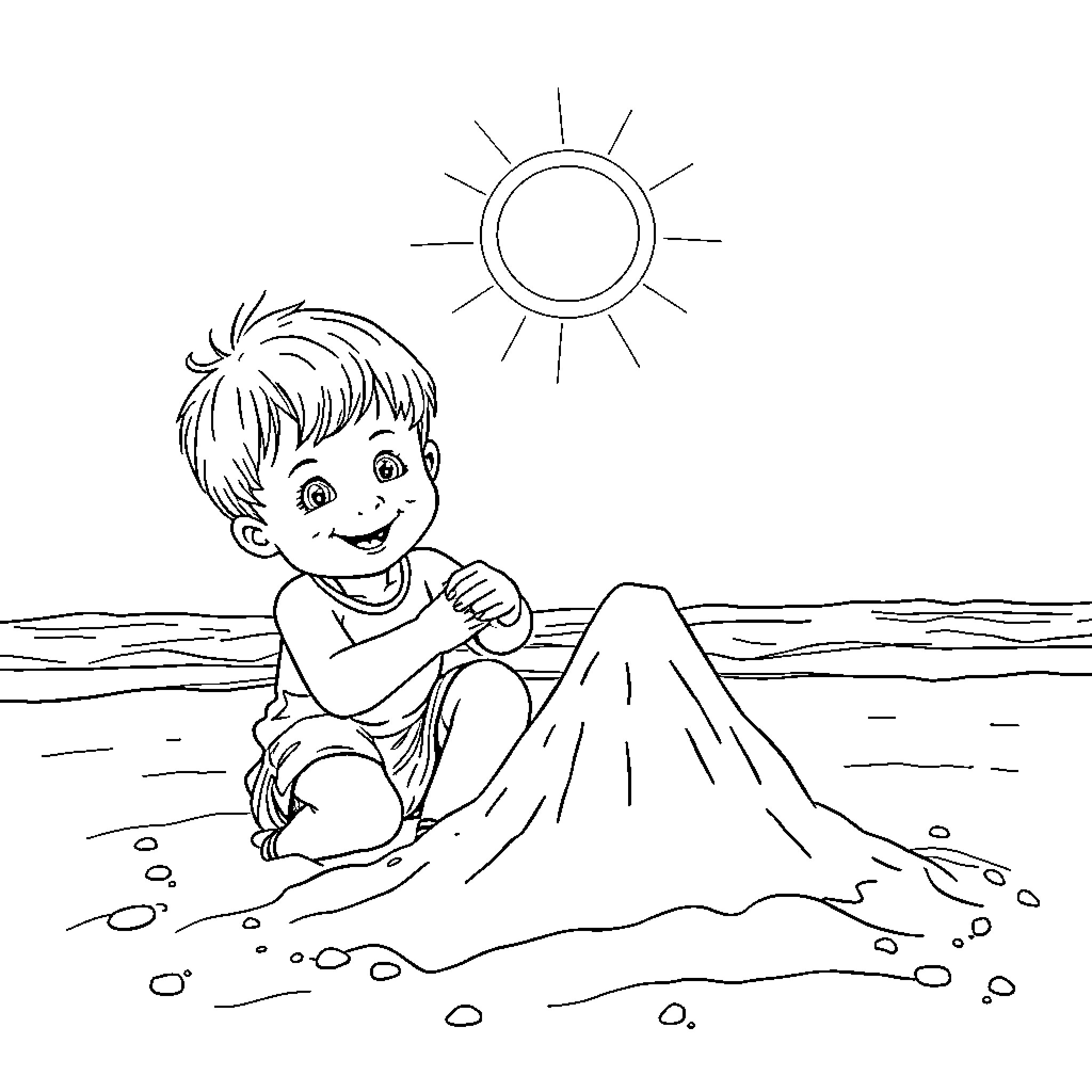 Child building sandcastle on the beach Coloring Page (free black-and-white line drawing printable PDF for all, from beginners to advanced learners, including children, teens, adults, and seniors)