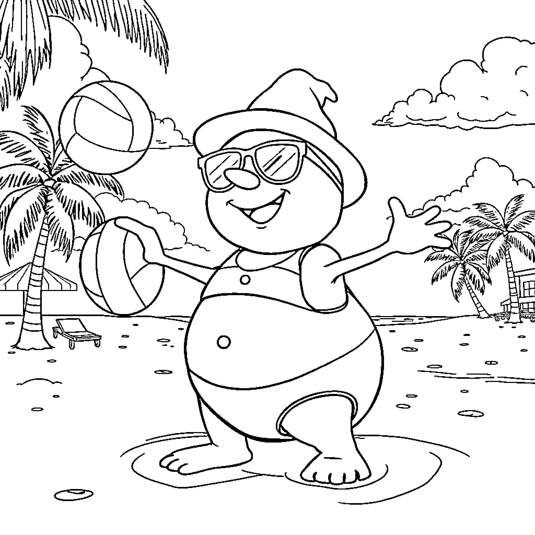 Snowman enjoying the tropical beach scene Coloring Page (free black-and-white line drawing printable PDF for all, from beginners to advanced learners, including children, teens, adults, and seniors)