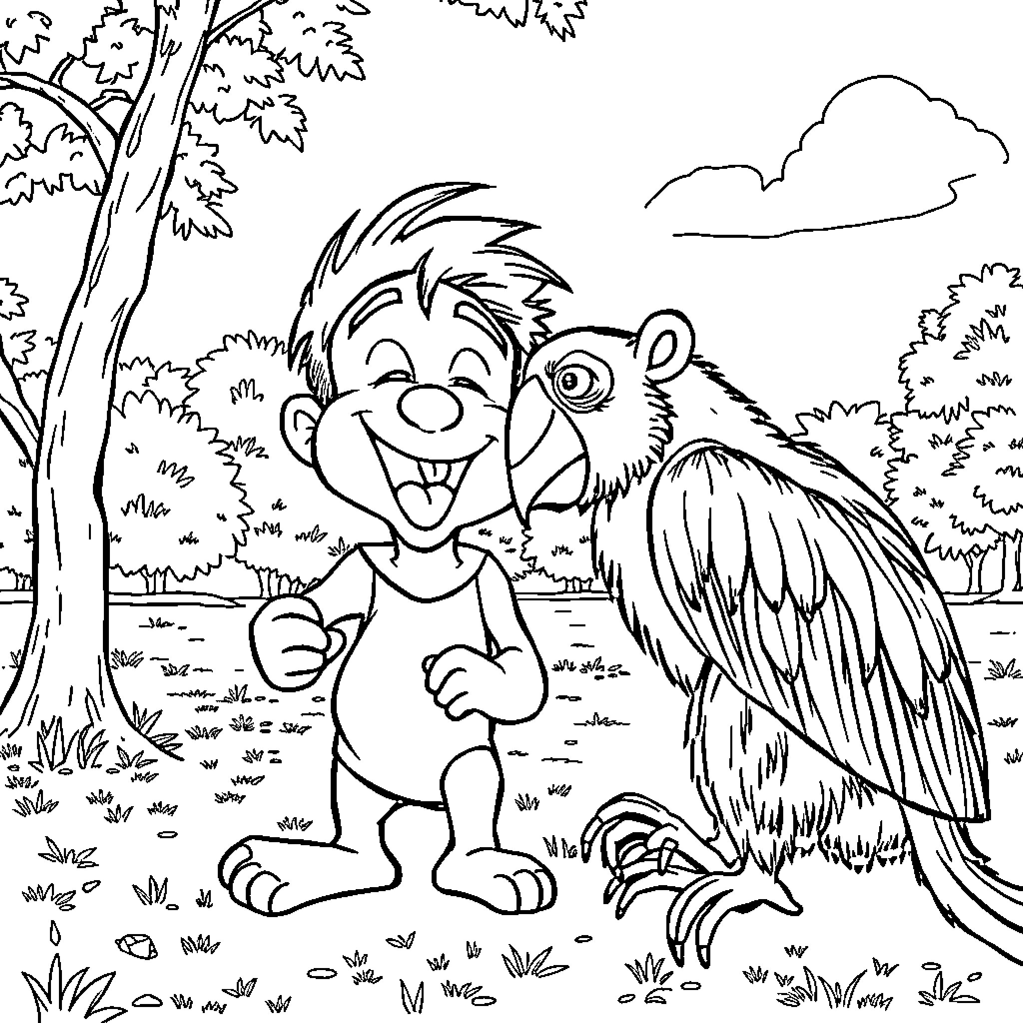 Mono Smiling Creature Interacting with Feathered Friend Coloring Page (free black-and-white line drawing printable PDF for all, from beginners to advanced learners, including children, teens, adults, and seniors)