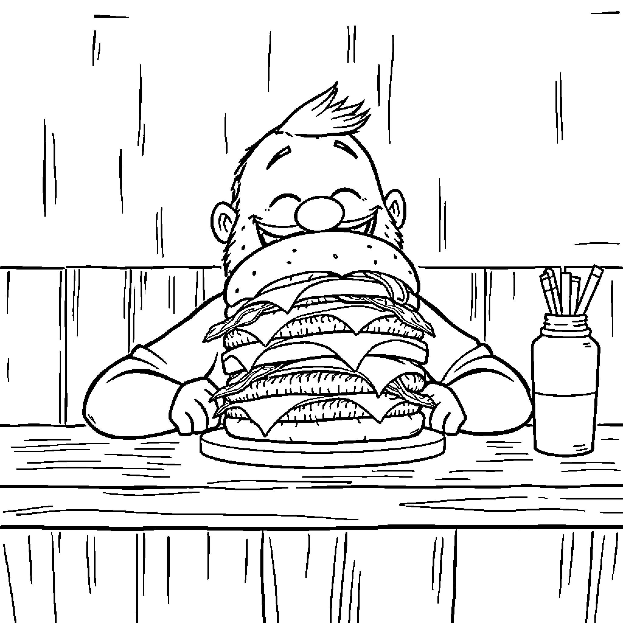 Timthetatman enjoying a large hamburger at a restaurant Coloring Page (free black-and-white line drawing printable PDF for all, from beginners to advanced learners, including children, teens, adults, and seniors)