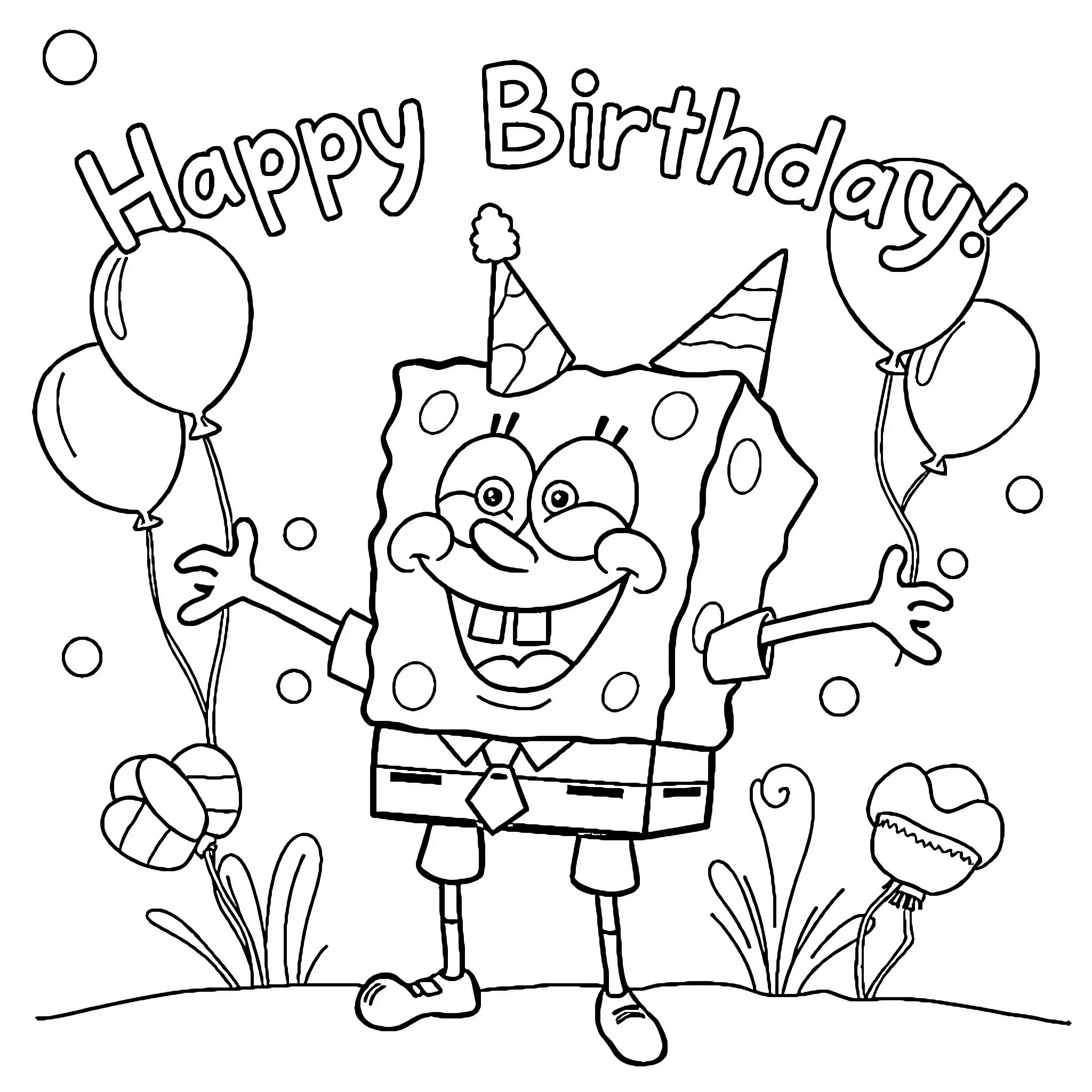 Spongebob celebrating a happy birthday with balloons Coloring Page (free black-and-white line drawing printable PDF for all, from beginners to advanced learners, including children, teens, adults, and seniors)