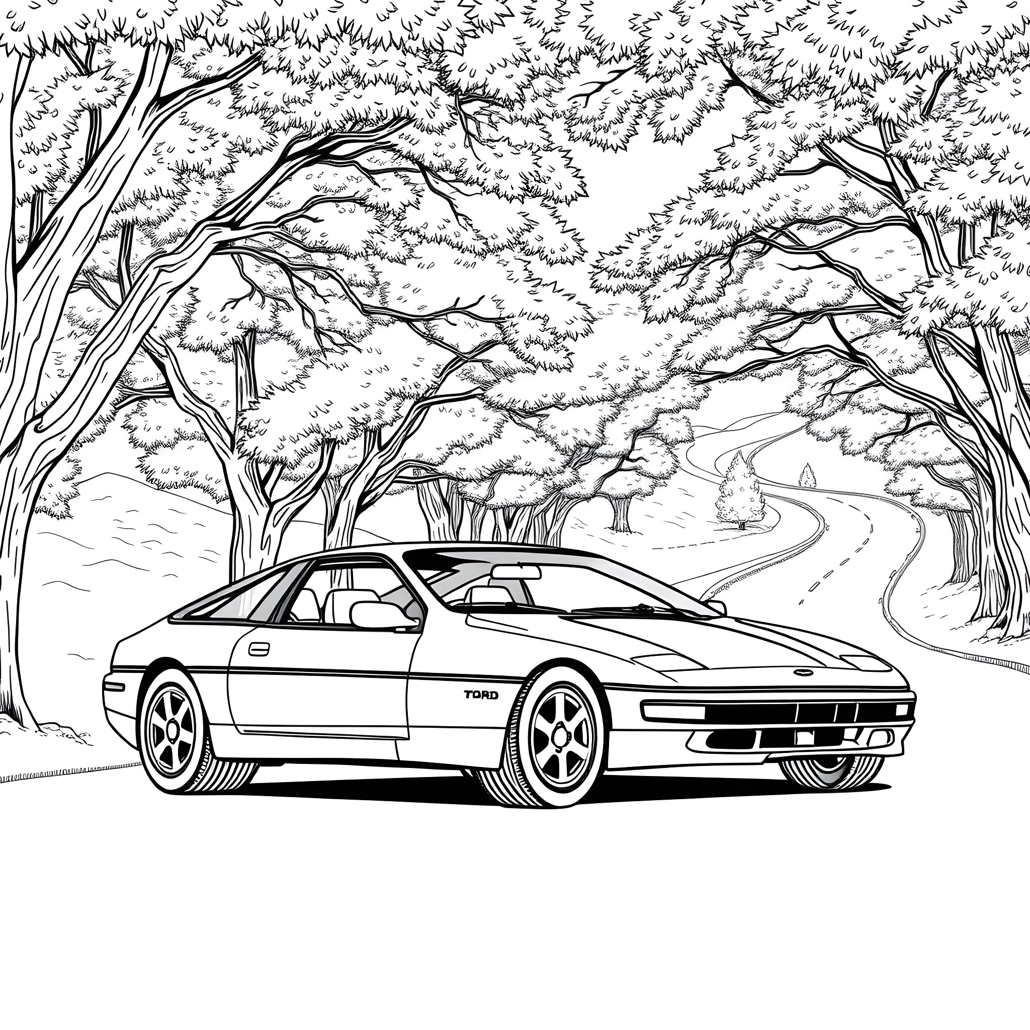 Ford Probe sports car in scenic forest landscape Coloring Page (free black-and-white line drawing printable PDF for all, from beginners to advanced learners, including children, teens, adults, and seniors)