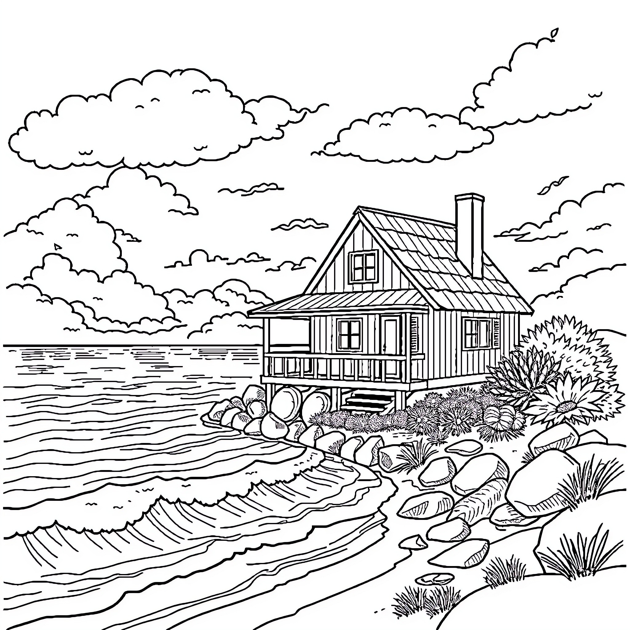 House by the Serene Lakeside Scene Coloring Page (free black-and-white line drawing printable PDF for all, from beginners to advanced learners, including children, teens, adults, and seniors)