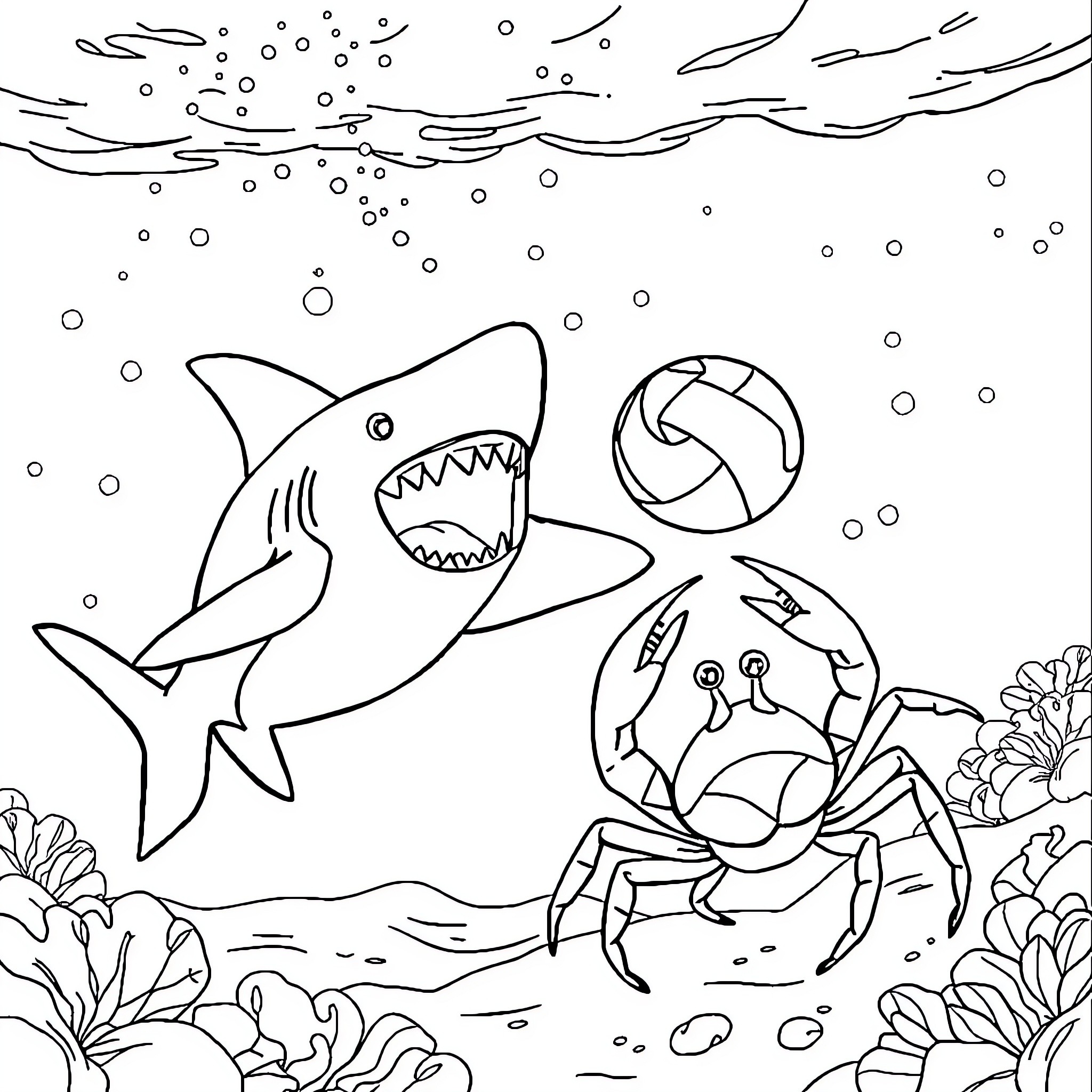 Shark hunting and playing with a volleyball in the ocean Coloring Page (free black-and-white line drawing printable PDF for all, from beginners to advanced learners, including children, teens, adults, and seniors)