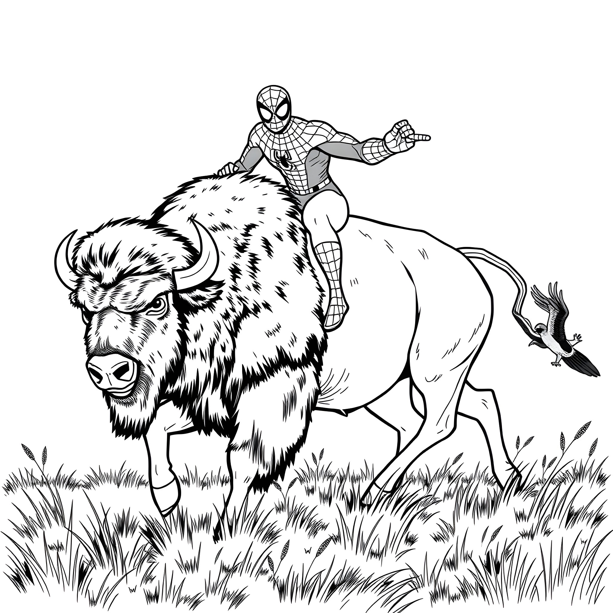 Spiderman rides a furry buffalo through the wilderness Coloring Page (free black-and-white line drawing printable PDF for all, from beginners to advanced learners, including children, teens, adults, and seniors)