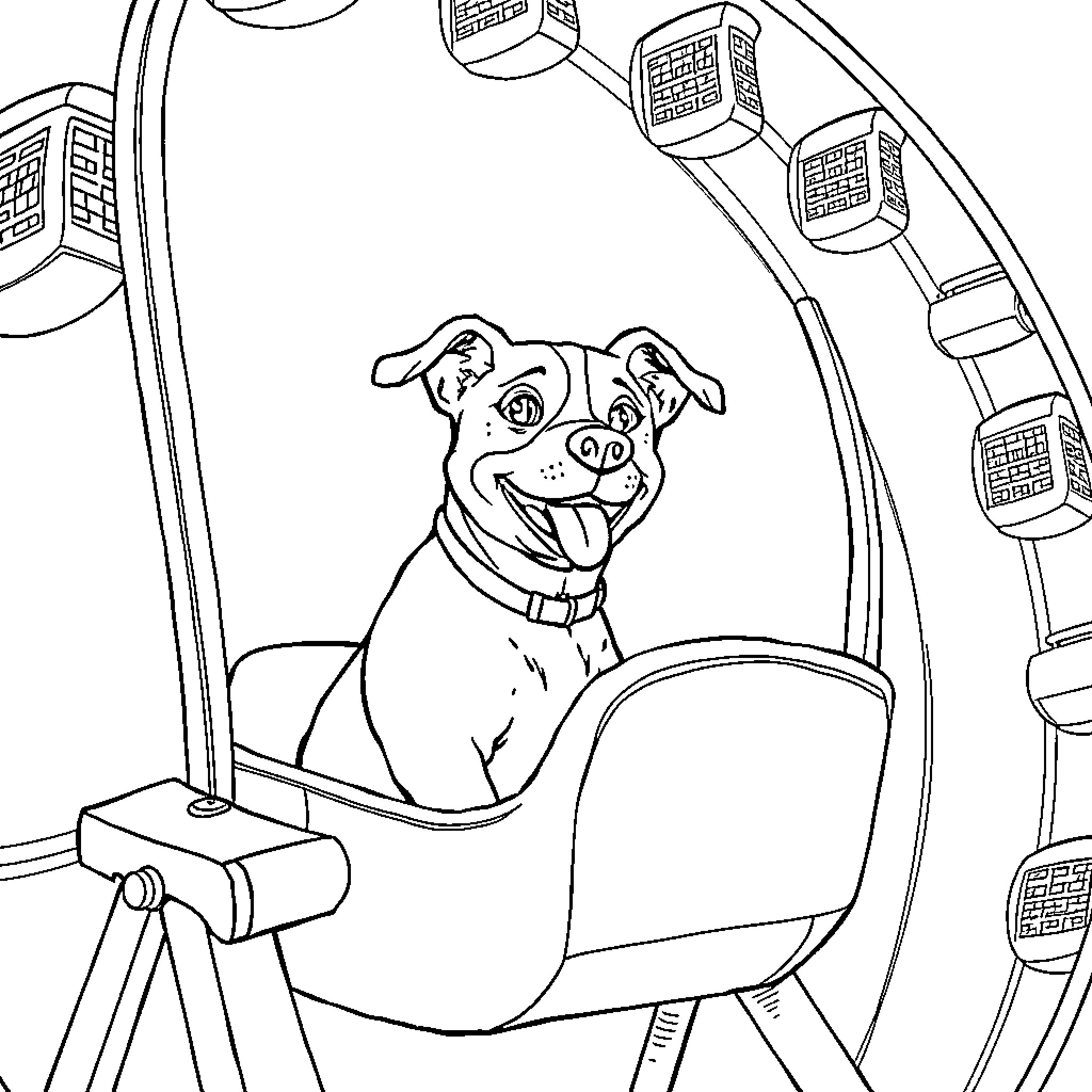 Dog sitting happily in a roller coaster ride Coloring Page (free black-and-white line drawing printable PDF for all, from beginners to advanced learners, including children, teens, adults, and seniors)
