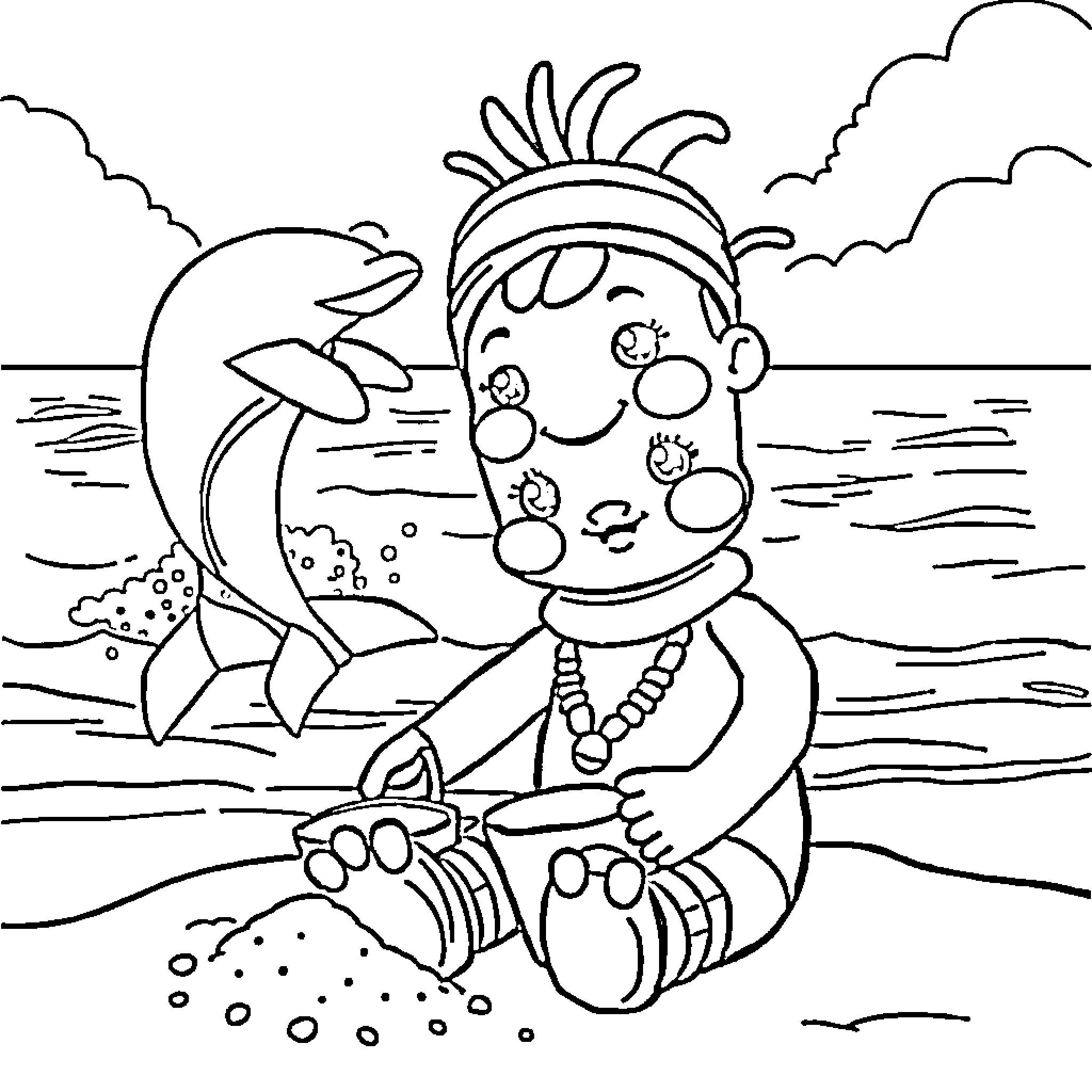 Labubu playing happily with sea creatures on the beach Coloring Page (free black-and-white line drawing printable PDF for all, from beginners to advanced learners, including children, teens, adults, and seniors)