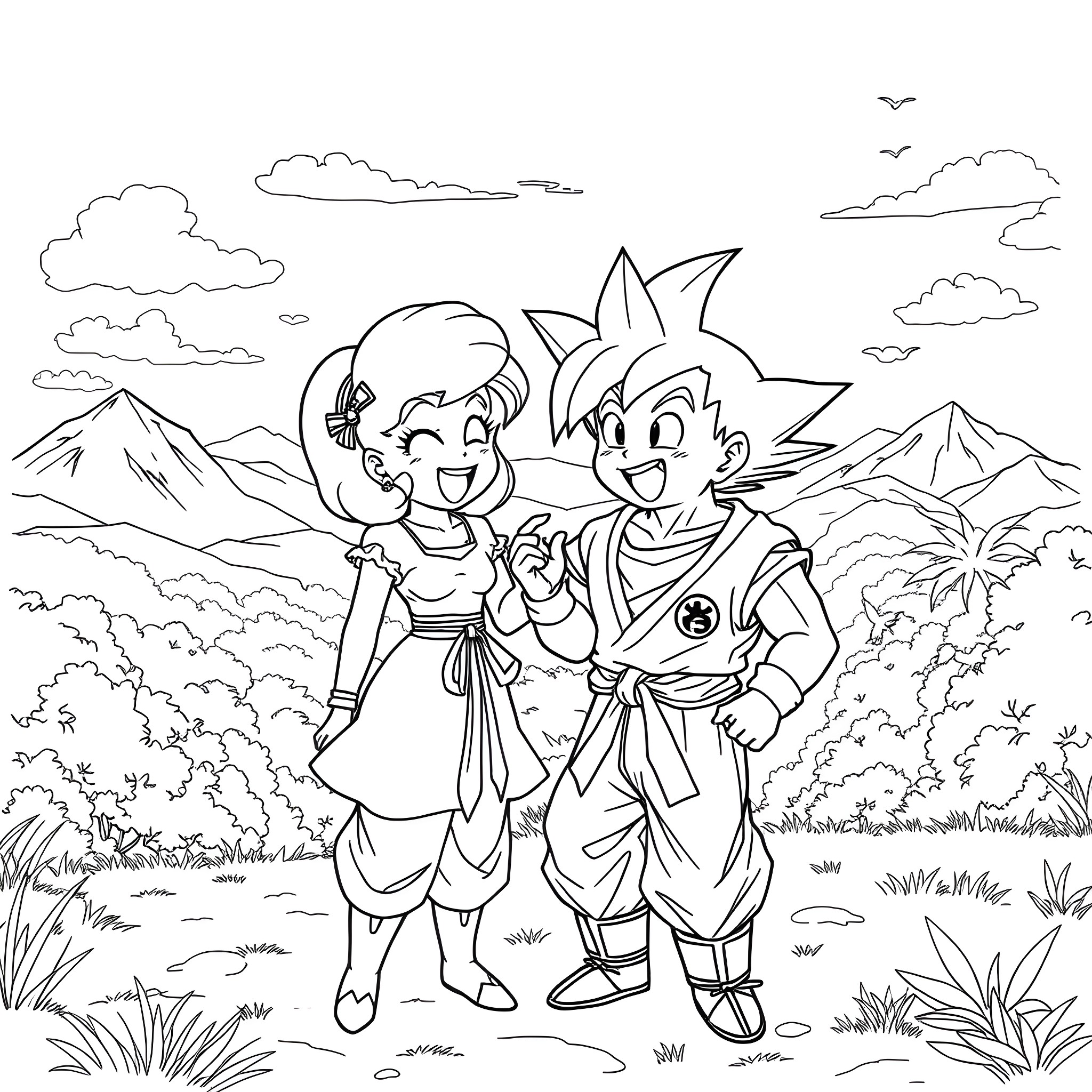 Bulma and Goku's Adventure in the Mountains Coloring Page (free black-and-white line drawing printable PDF for all, from beginners to advanced learners, including children, teens, adults, and seniors)