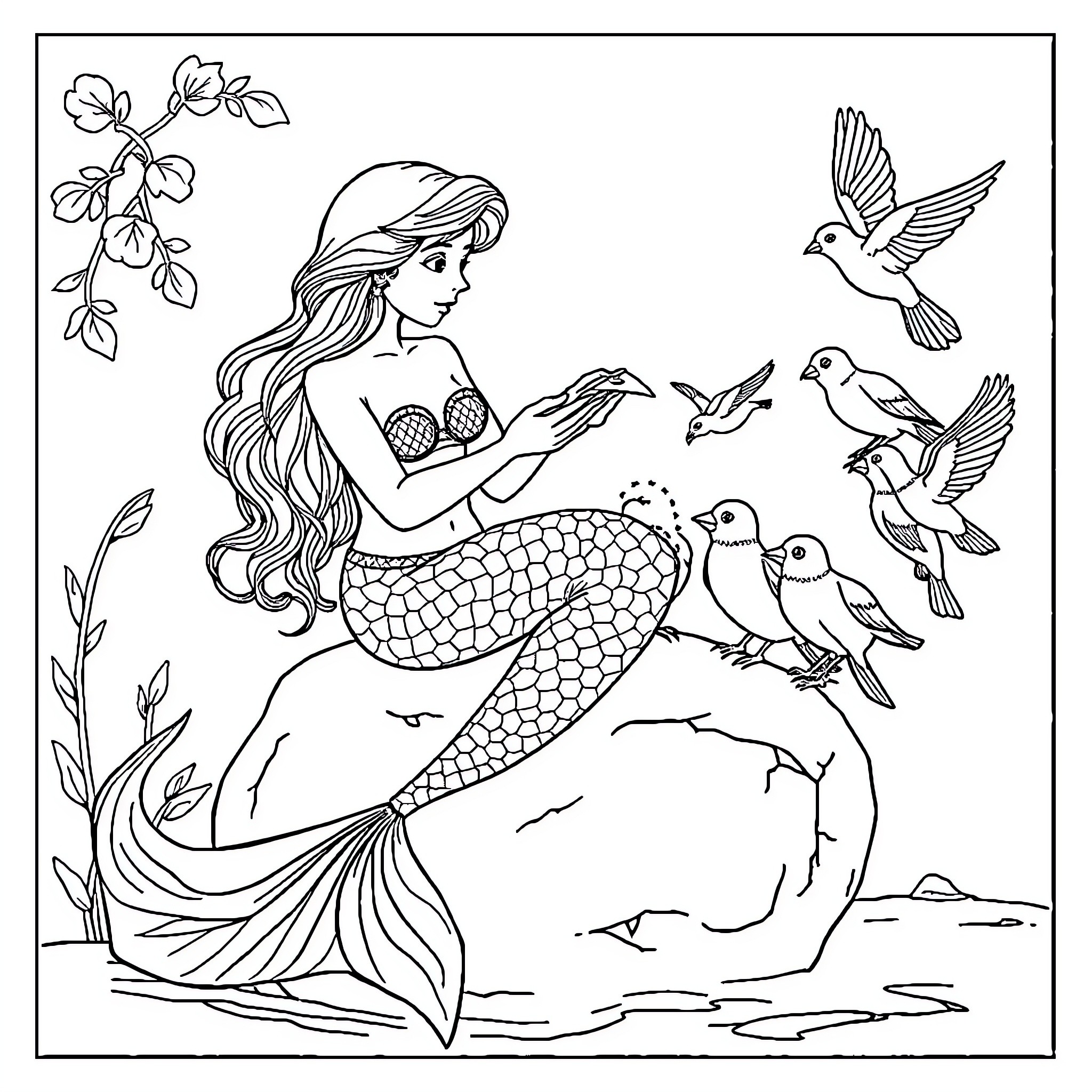 Mermaid interacting with birds in underwater scene Coloring Page (free black-and-white line drawing printable PDF for all, from beginners to advanced learners, including children, teens, adults, and seniors)