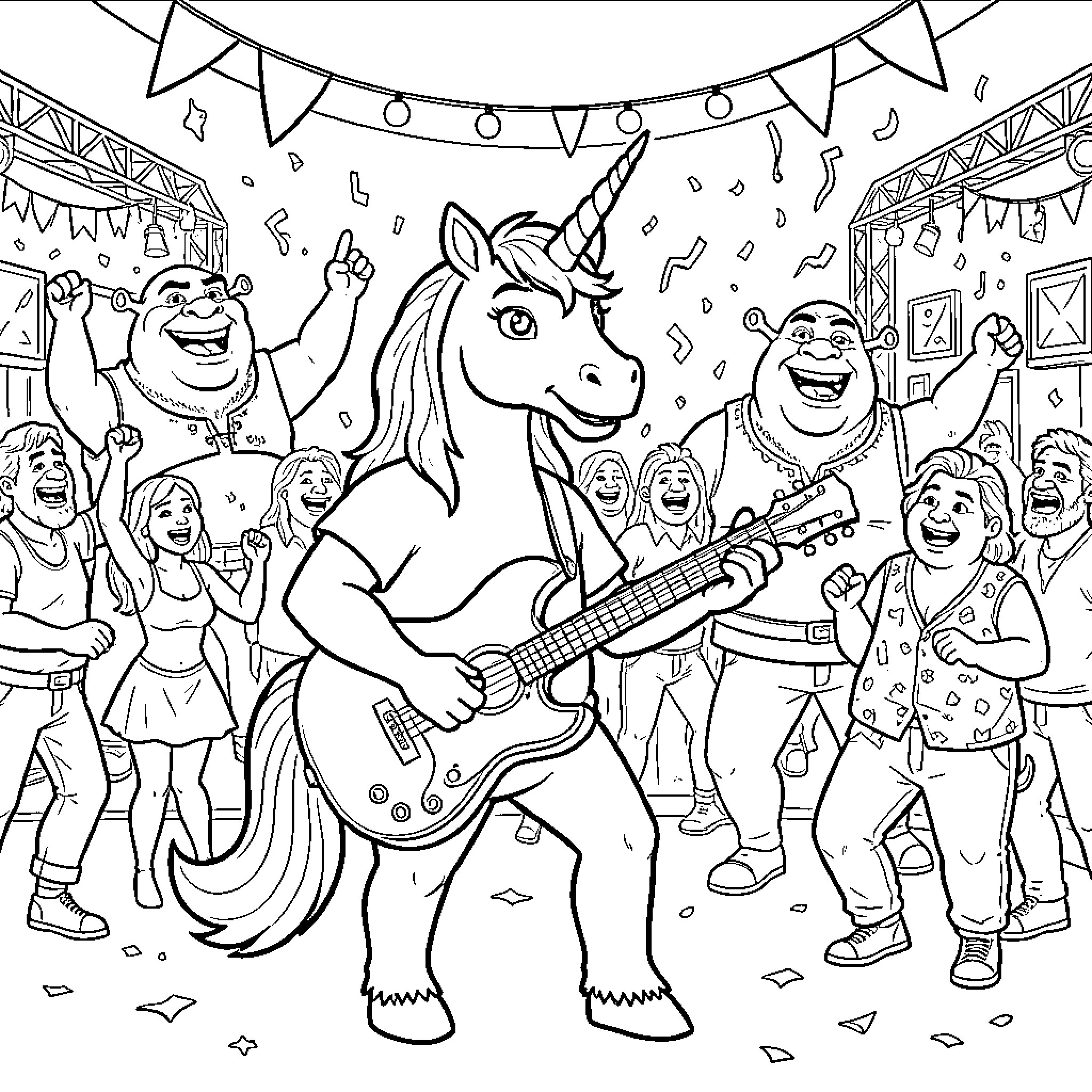 Unicorn playing guitar and celebrating with a cheering crowd Coloring Page (free black-and-white line drawing printable PDF for all, from beginners to advanced learners, including children, teens, adults, and seniors)