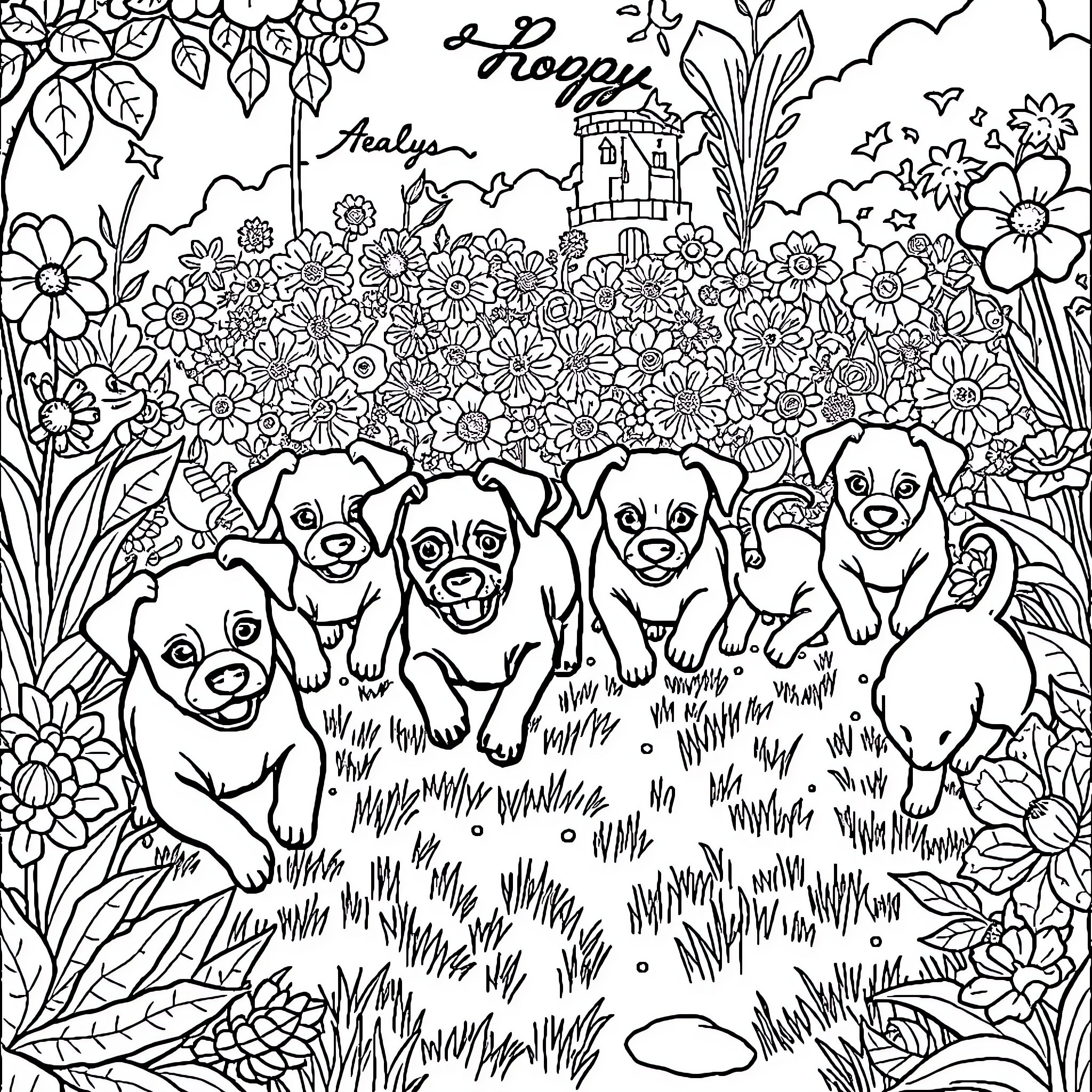 Puppies playing joyfully in a vibrant garden Coloring Page (free black-and-white line drawing printable PDF for all, from beginners to advanced learners, including children, teens, adults, and seniors)