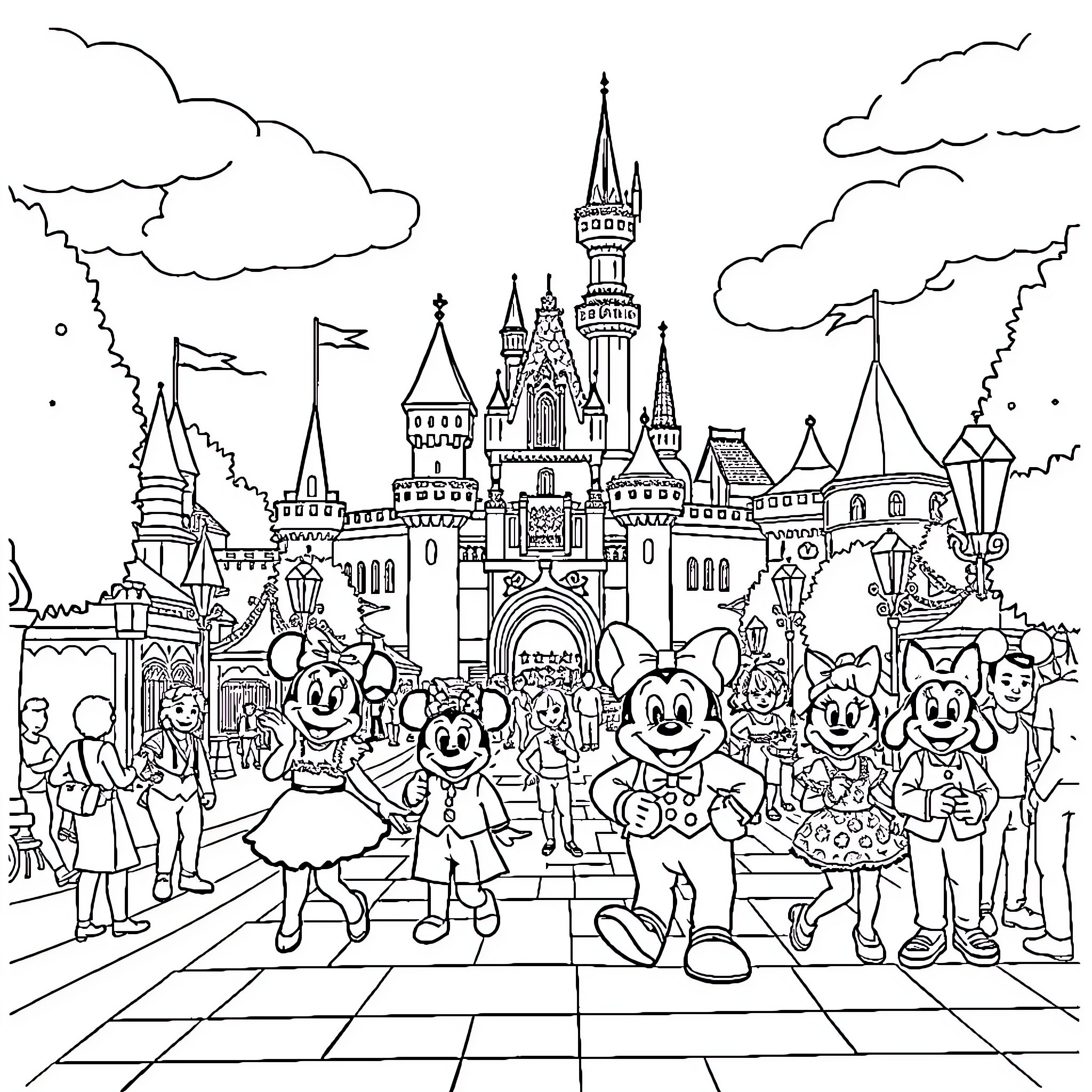 Disneyland characters gather in front of the castle Coloring Page (free black-and-white line drawing printable PDF for all, from beginners to advanced learners, including children, teens, adults, and seniors)
