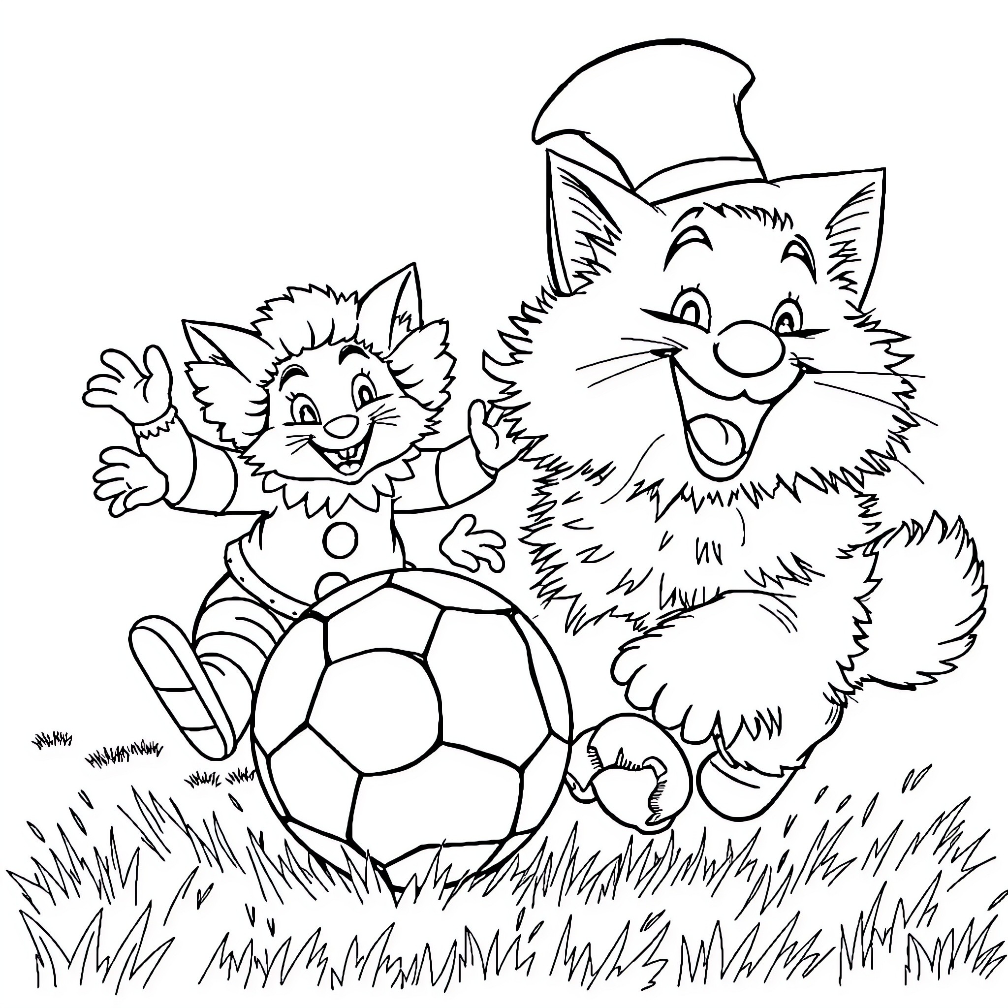 Cats playing with soccer ball in field Coloring Page (free black-and-white line drawing printable PDF for all, from beginners to advanced learners, including children, teens, adults, and seniors)