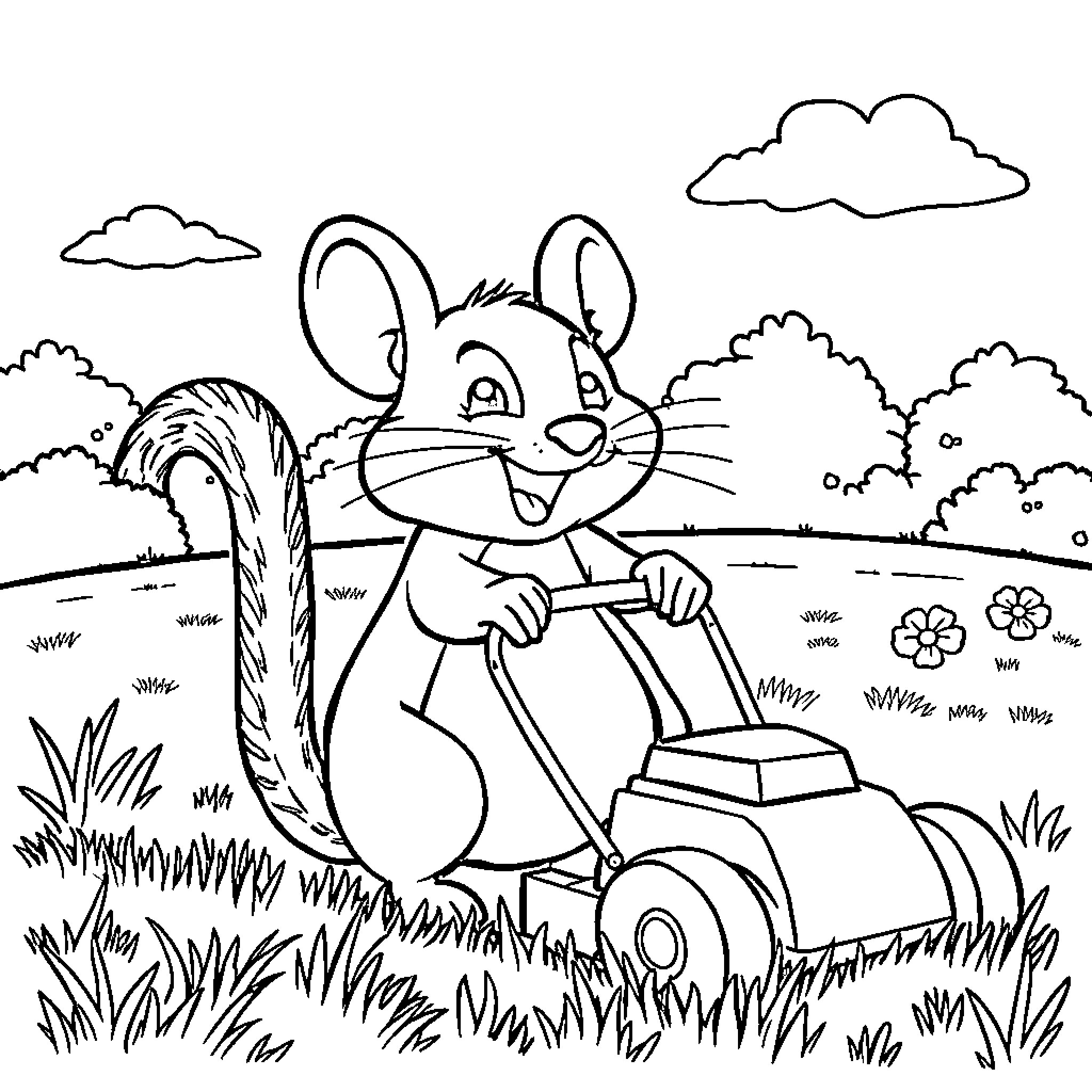 MightyMouse Mows the Lawn with Joy Coloring Page (free black-and-white line drawing printable PDF for all, from beginners to advanced learners, including children, teens, adults, and seniors)