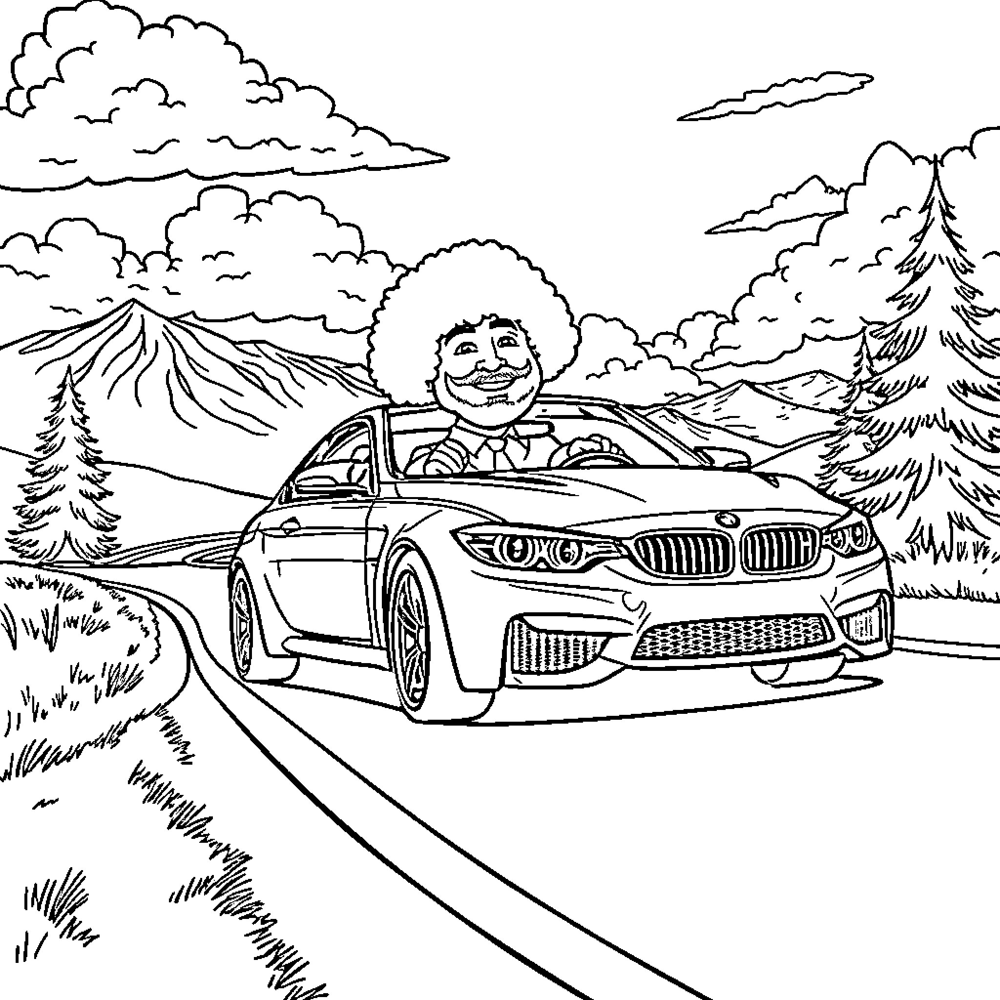 Bob Ross driving a fancy car through the mountains Coloring Page (free black-and-white line drawing printable PDF for all, from beginners to advanced learners, including children, teens, adults, and seniors)