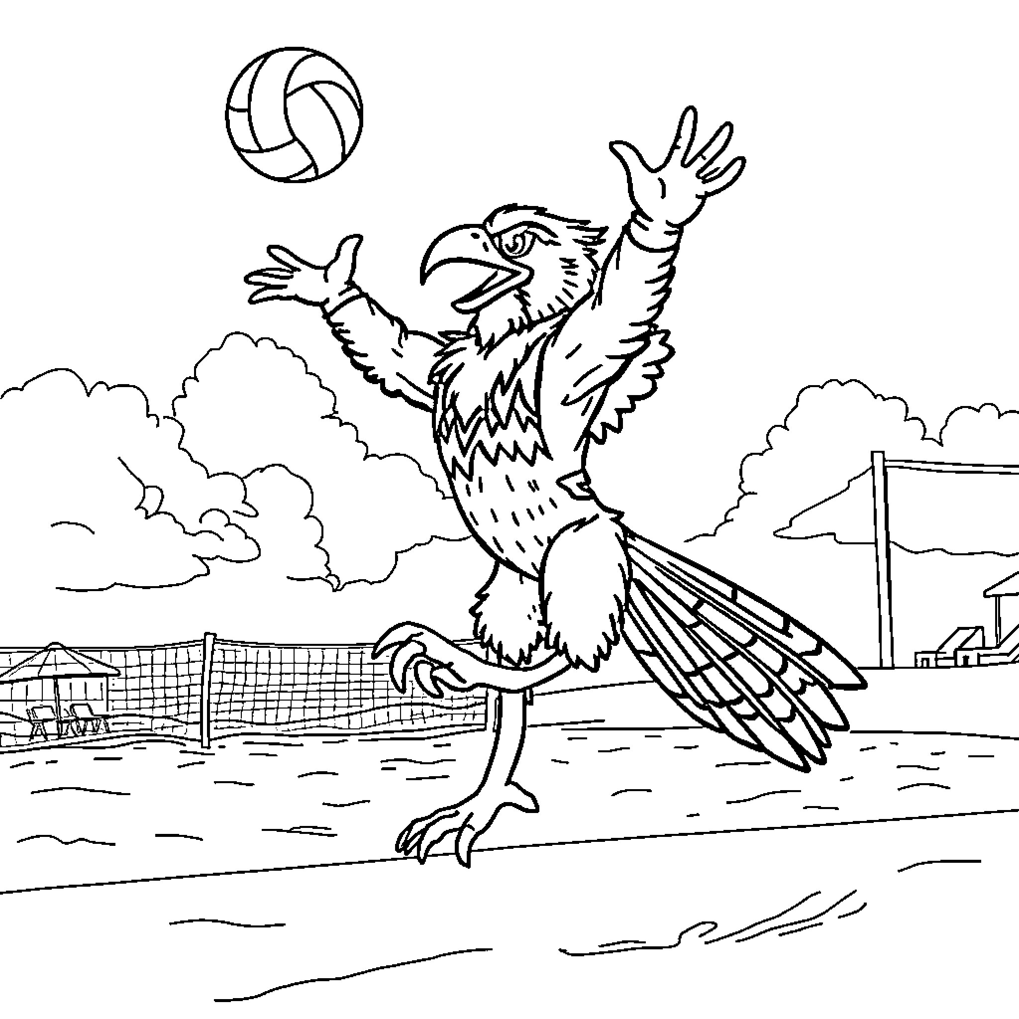 Falcon playing joyfully with volleyball on the court Coloring Page (free black-and-white line drawing printable PDF for all, from beginners to advanced learners, including children, teens, adults, and seniors)