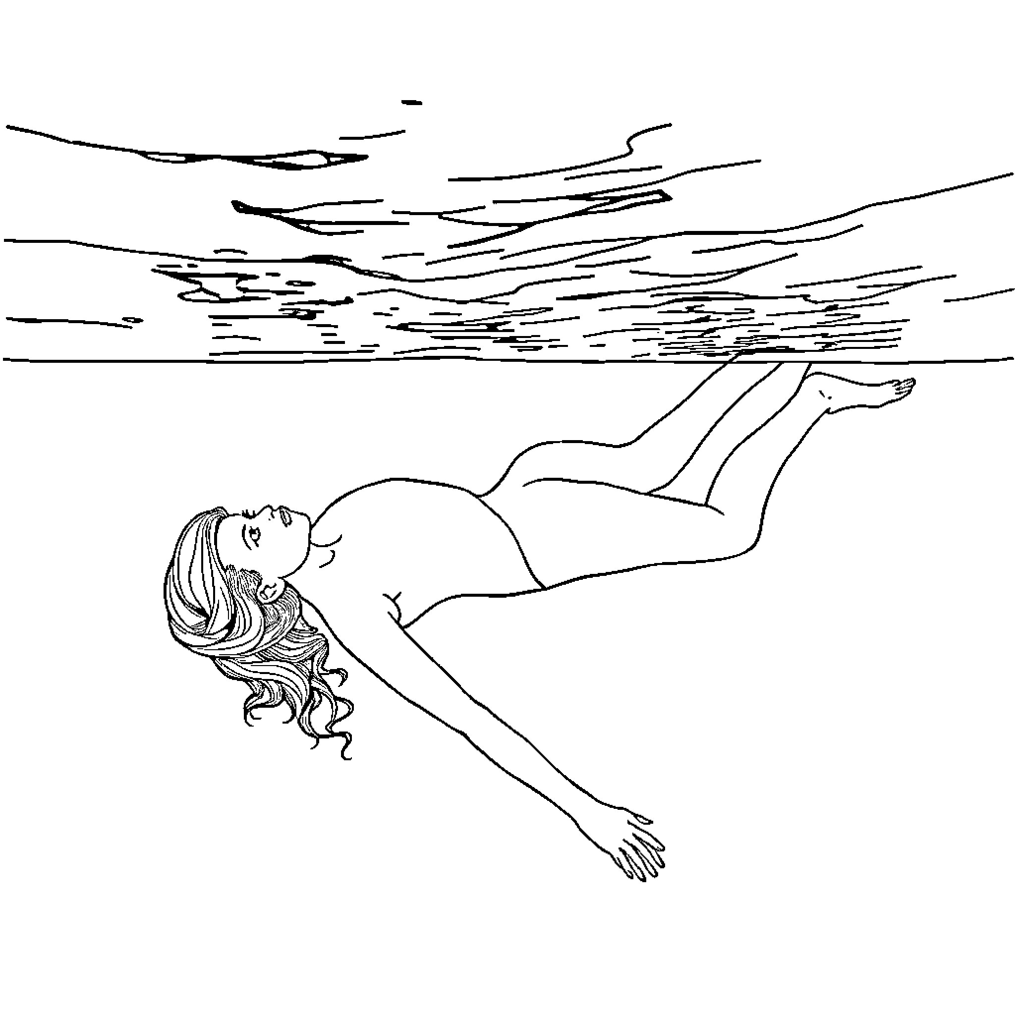 Woman floating peacefully in the water Coloring Page (free black-and-white line drawing printable PDF for all, from beginners to advanced learners, including children, teens, adults, and seniors)