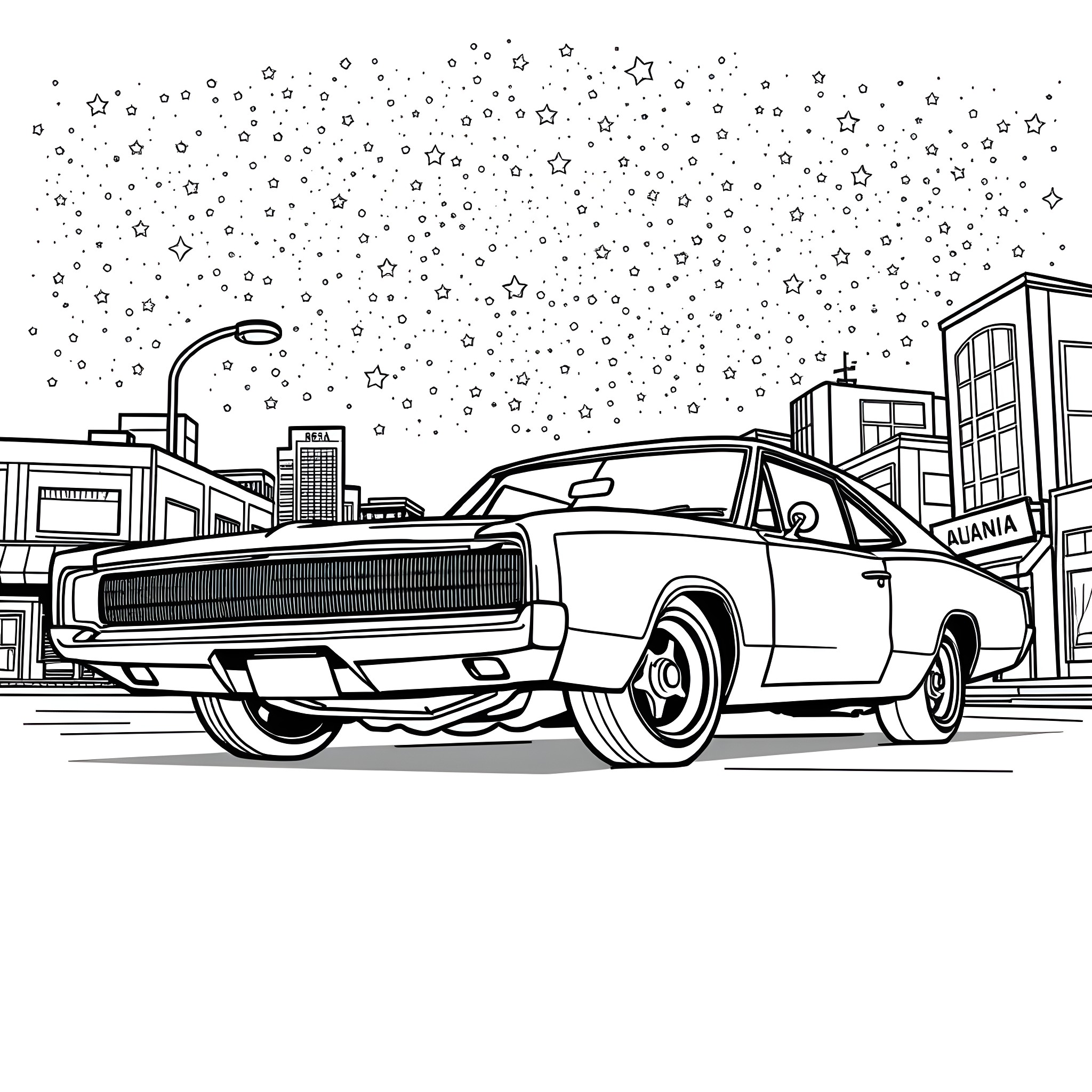 Dodge Charger speeding through night city Coloring Page (free black-and-white line drawing printable PDF for all, from beginners to advanced learners, including children, teens, adults, and seniors)