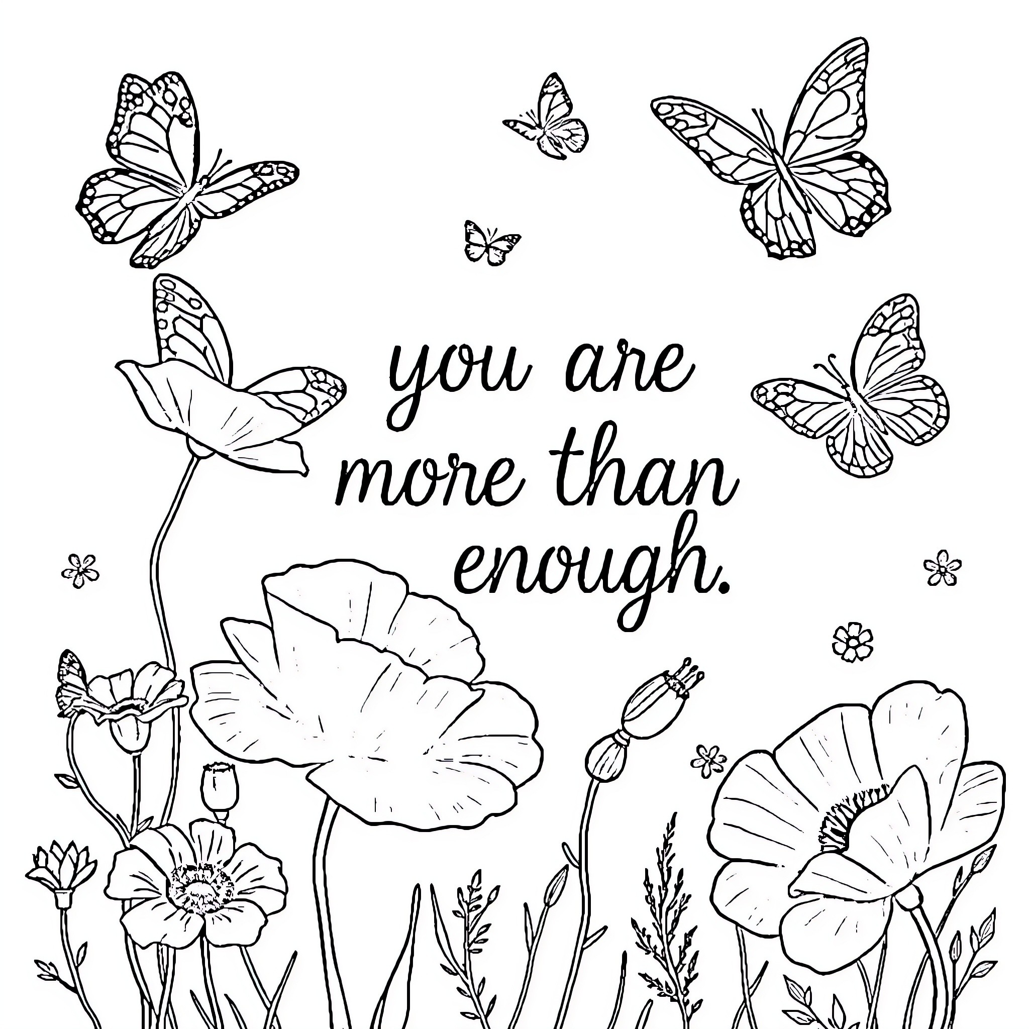 Butterflies dancing among the flowers Coloring Page (free black-and-white line drawing printable PDF for all, from beginners to advanced learners, including children, teens, adults, and seniors)