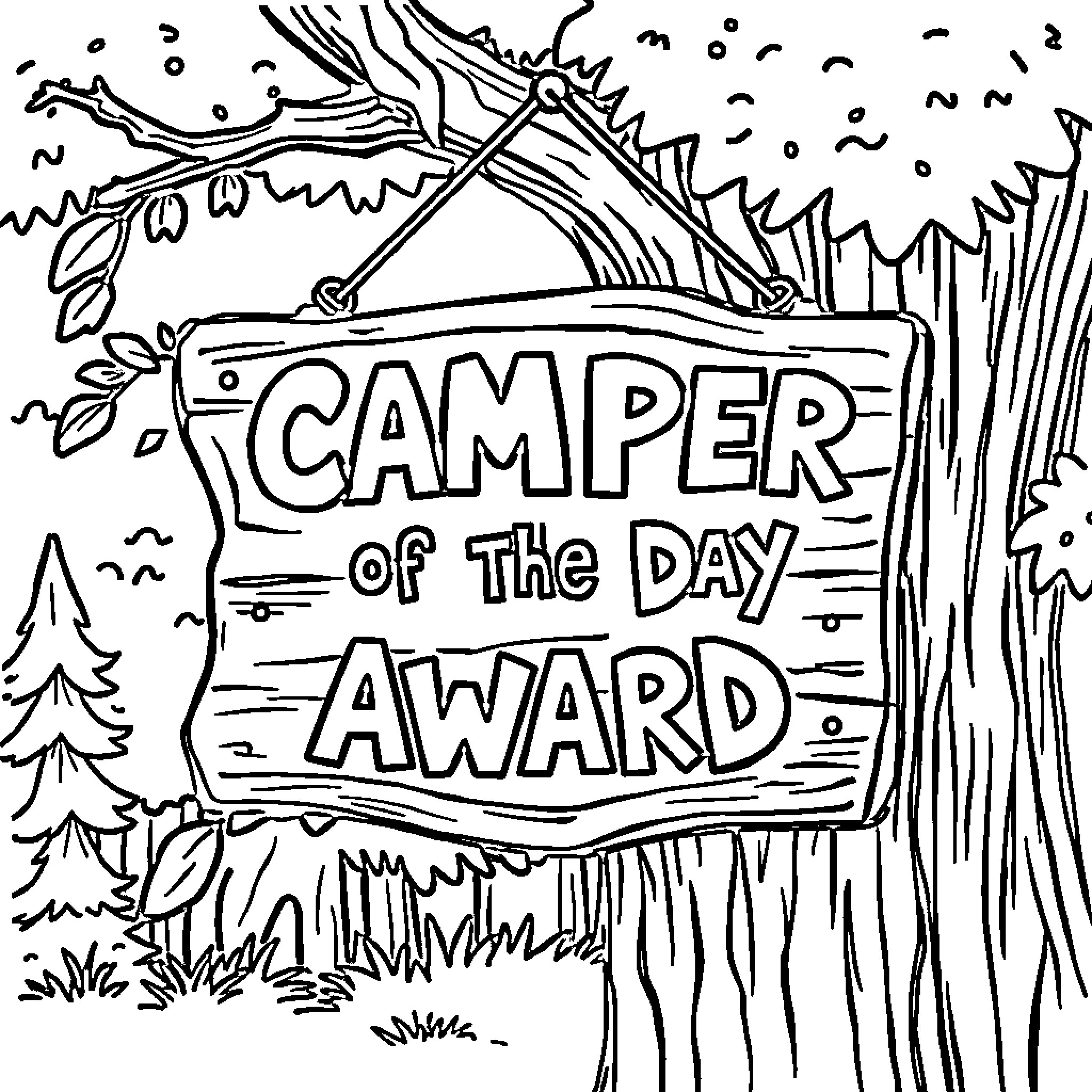 Camper of the day award sign in the woods Coloring Page (free black-and-white line drawing printable PDF for all, from beginners to advanced learners, including children, teens, adults, and seniors)