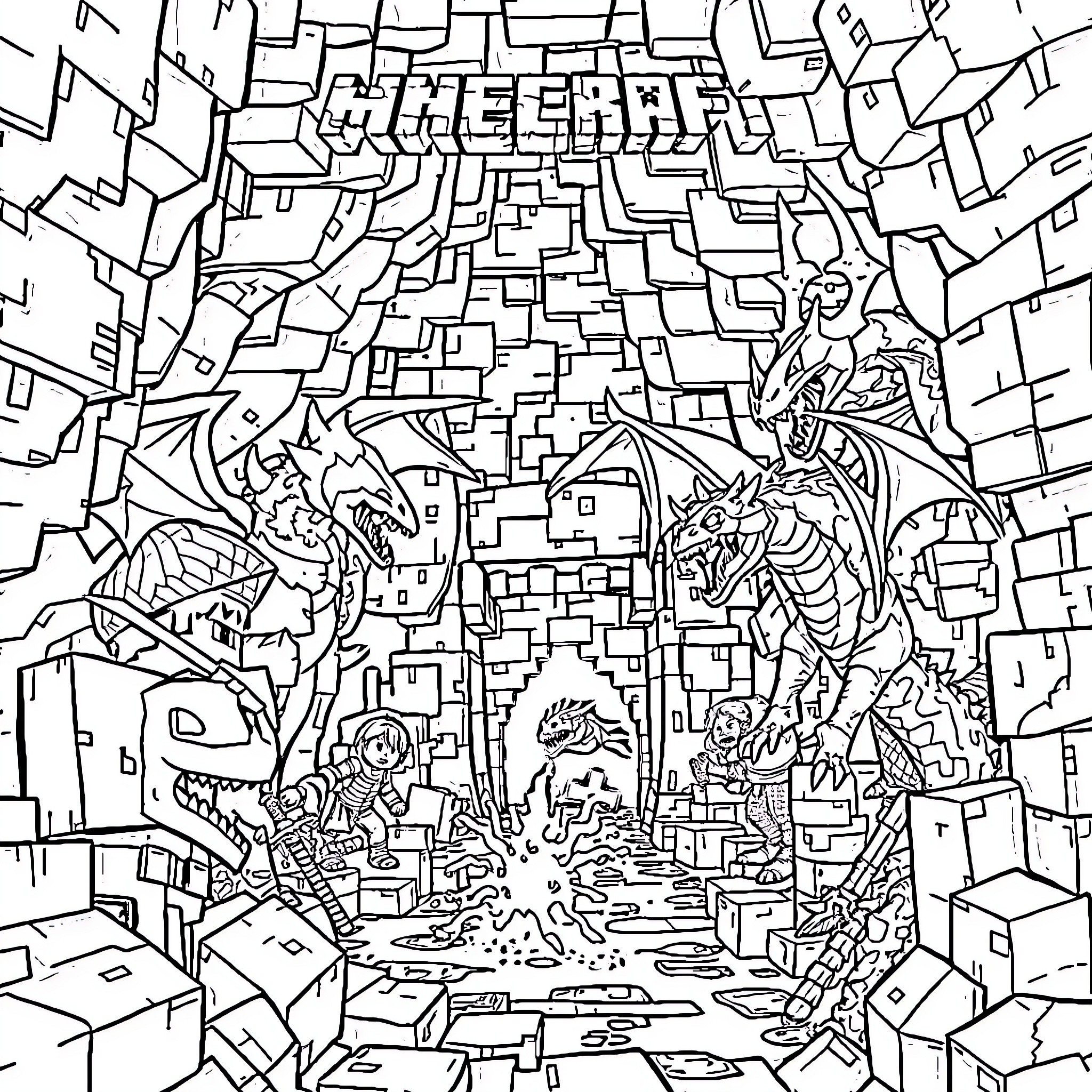 Minecraft Creatures Battling in Epic Dungeon Scene Coloring Page (free black-and-white line drawing printable PDF for all, from beginners to advanced learners, including children, teens, adults, and seniors)