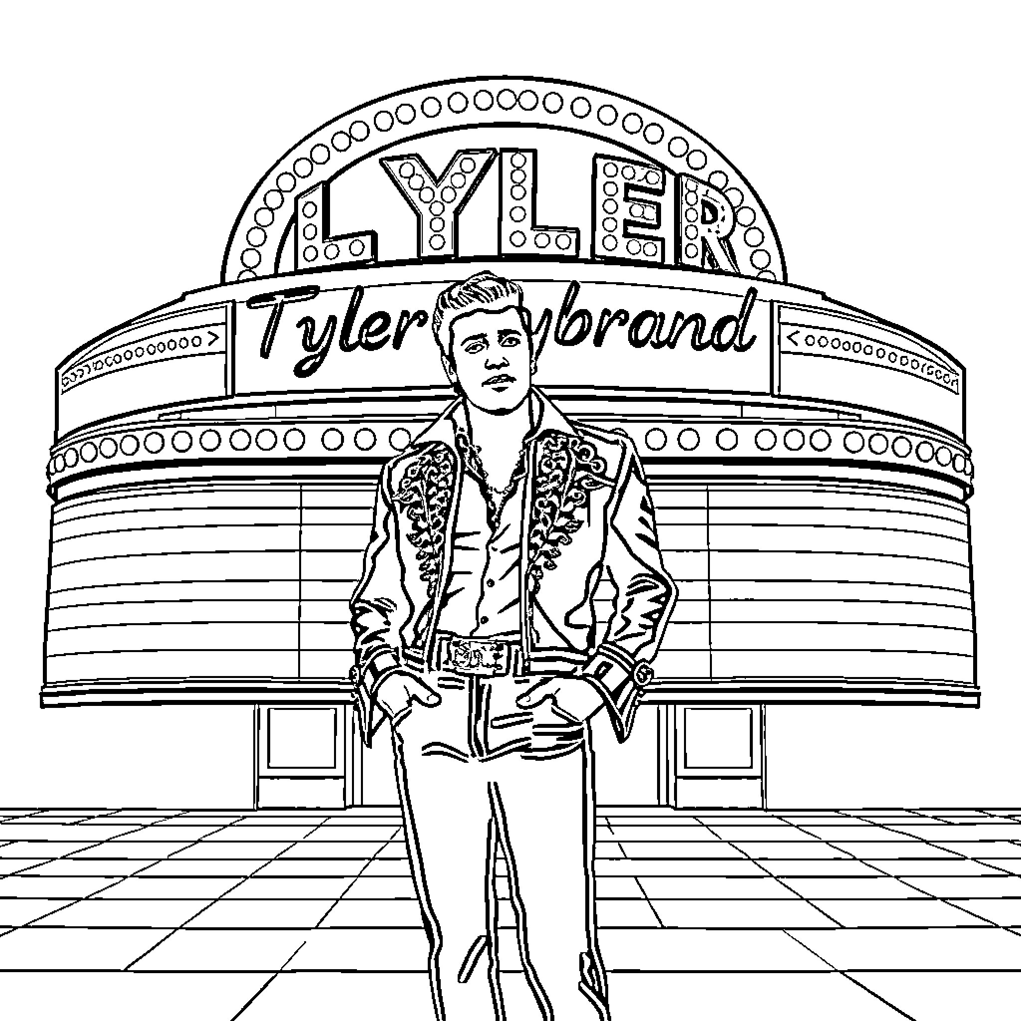 Elvis in flashy outfit standing in front of theater marquee Coloring Page (free black-and-white line drawing printable PDF for all, from beginners to advanced learners, including children, teens, adults, and seniors)