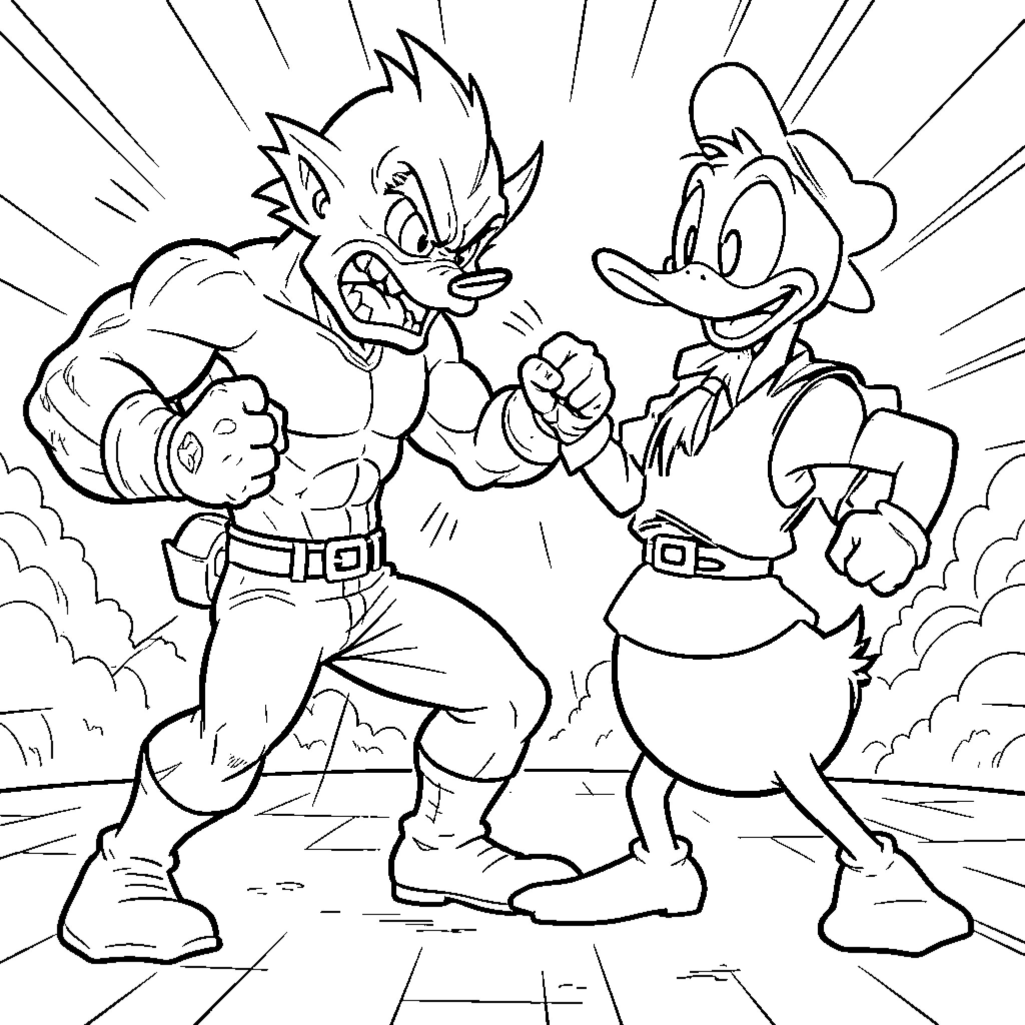 Rash confrontation between a muscular wolf and a duck Coloring Page (free black-and-white line drawing printable PDF for all, from beginners to advanced learners, including children, teens, adults, and seniors)