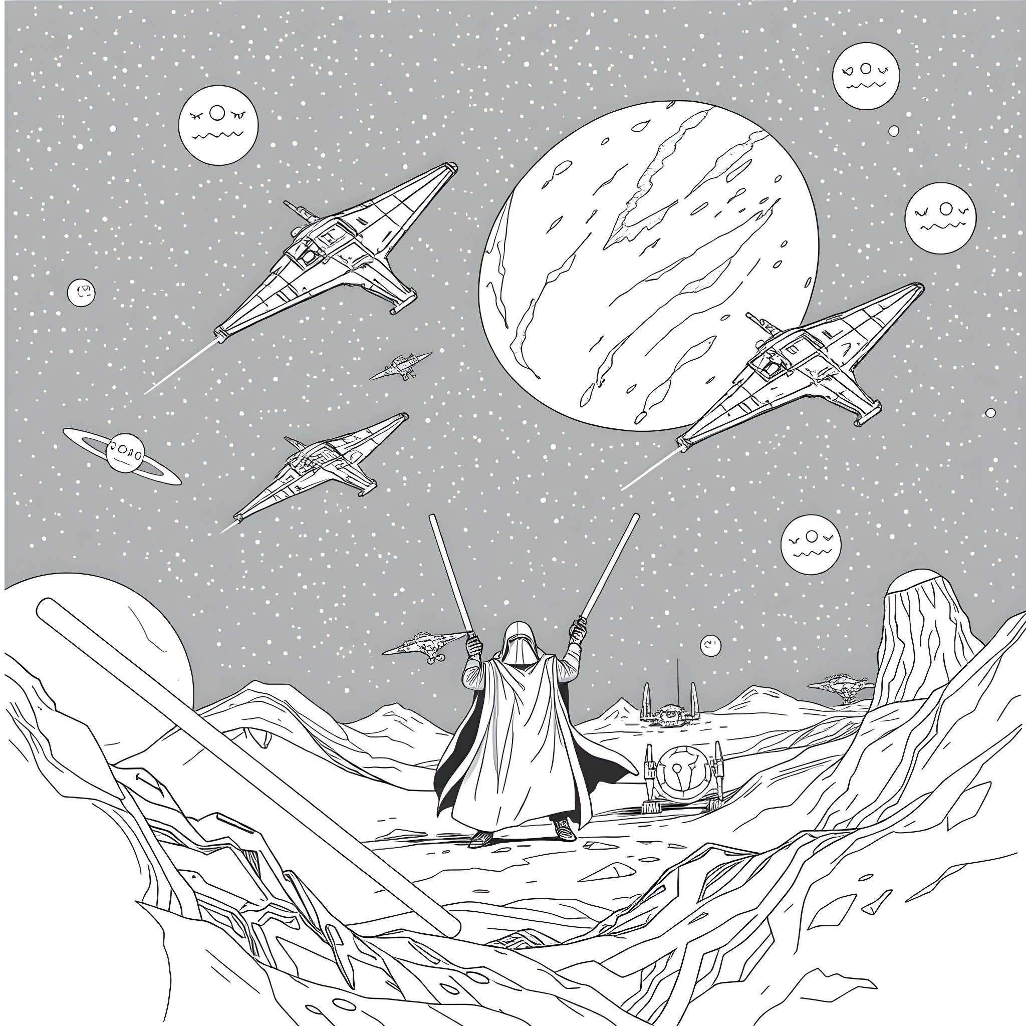 Star Wars characters exploring an alien planet Coloring Page (free black-and-white line drawing printable PDF for all, from beginners to advanced learners, including children, teens, adults, and seniors)
