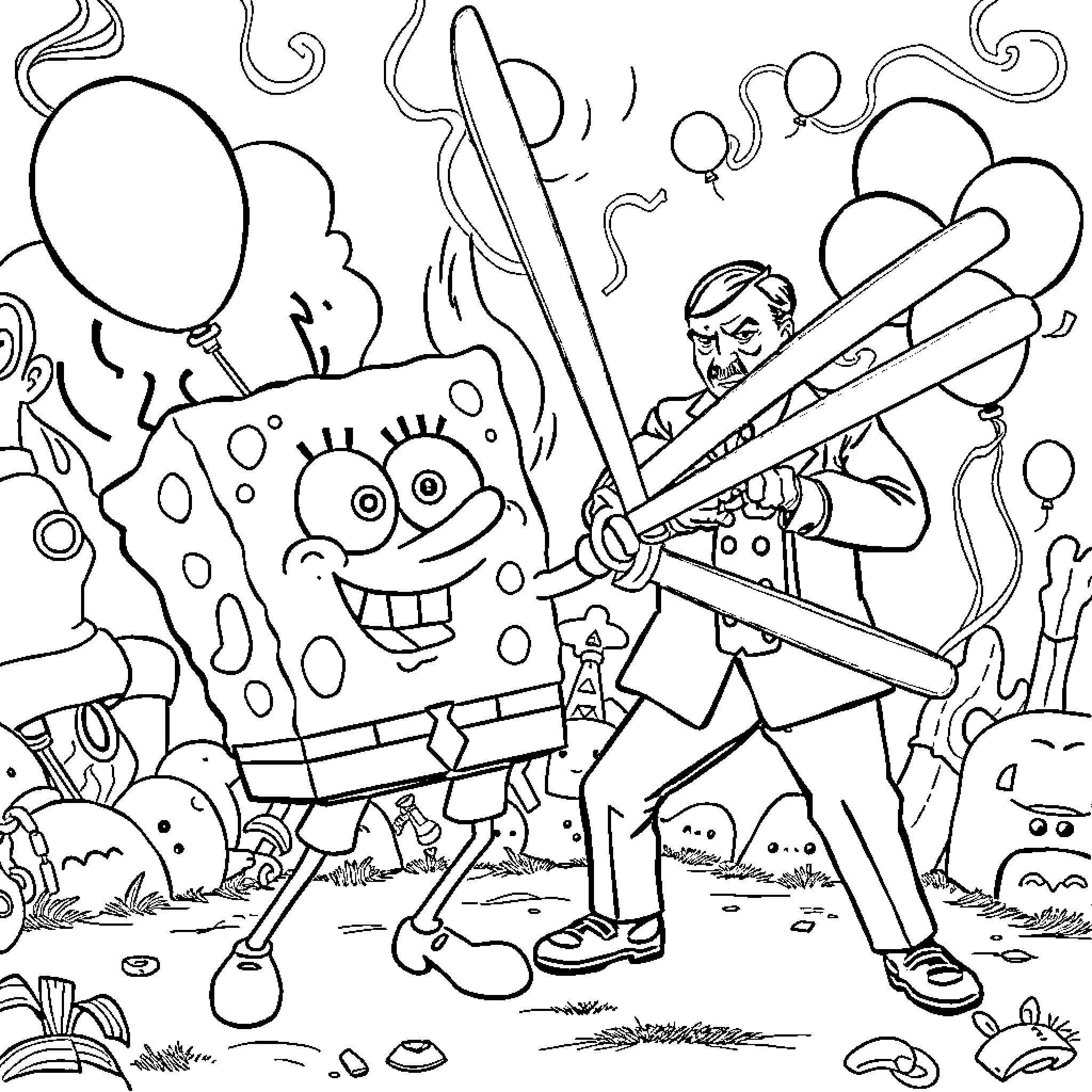 Spongebob caught in a comical situation with a stranger Coloring Page (free black-and-white line drawing printable PDF for all, from beginners to advanced learners, including children, teens, adults, and seniors)