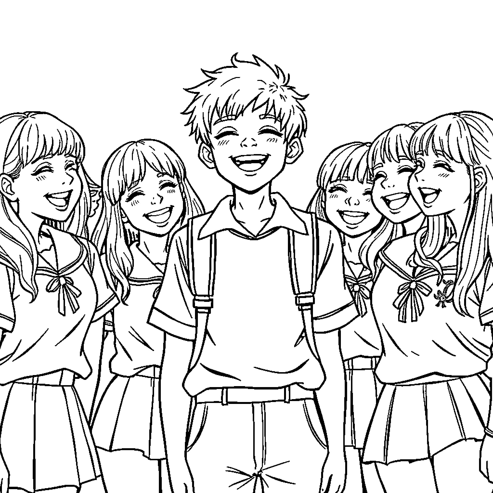 Schoolgirl friends posing happily together Coloring Page (free black-and-white line drawing printable PDF for all, from beginners to advanced learners, including children, teens, adults, and seniors)