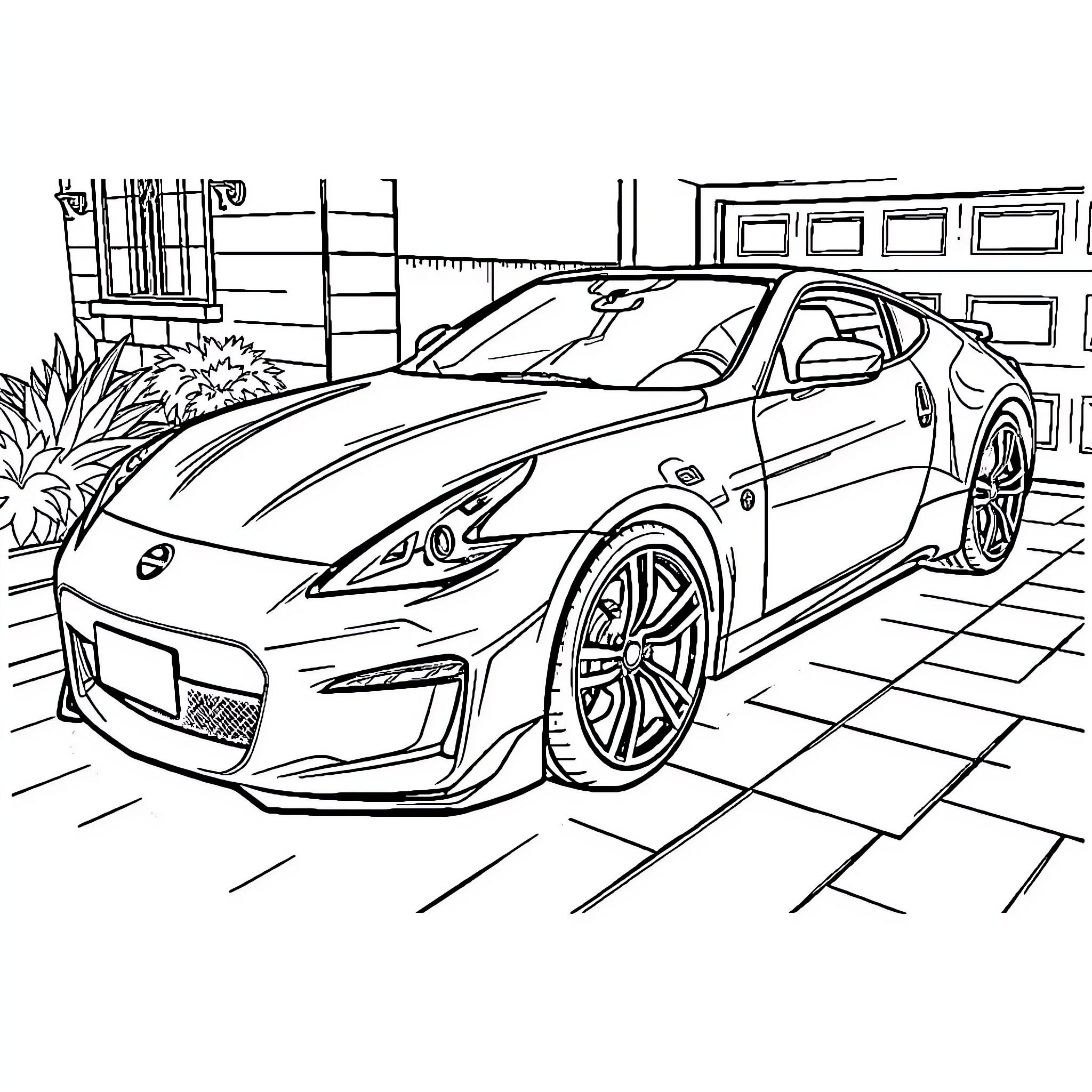 Car parked in a stylish garage Coloring Page (free black-and-white line drawing printable PDF for all, from beginners to advanced learners, including children, teens, adults, and seniors)